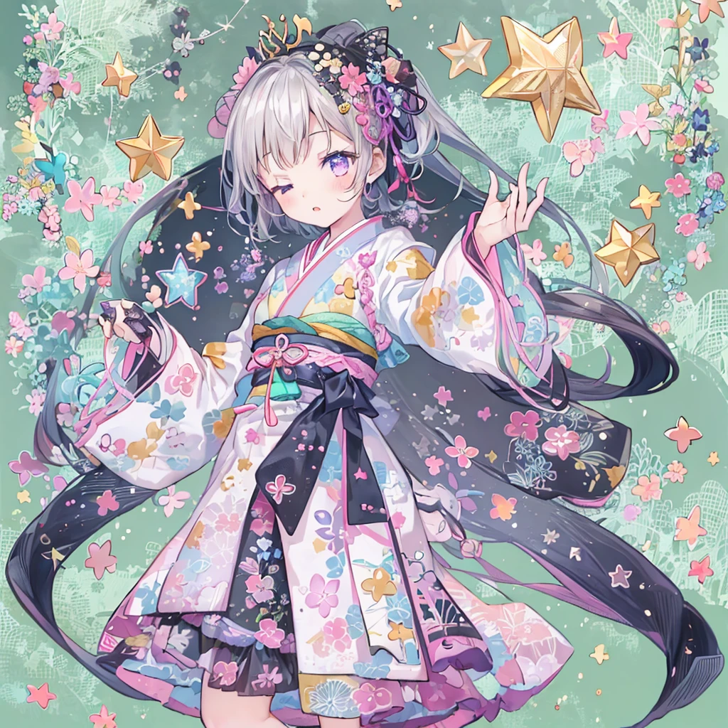 1girl、vtuber-fullbody、Star Fairy、Masterpiece、Official Art、Super detailed、super beautiful、かわいいStar Fairy、white straight short hair、Milky Way、universe、star charm、Star、Baby Face、Knee-high boots、Japanese pattern dress、A beautiful girl wearing black and white clothes that are a remake of a yukata.、universeを思わせるOiranフリルドレス、Oiran