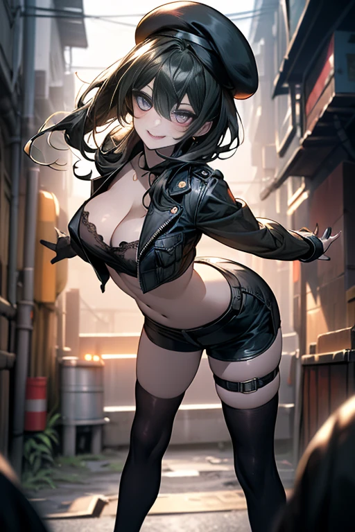ubel,((ubel of Frieren: Beyond Journey's End )),dark green hair,long hair,side ponytail,hair between eyes,bangs, BREAK (beret, black jacket, open clothes, cleavage, midriff, black shorts, black thighhighs, thigh strap, fingerless gloves, single glove:1.2) , (dynamic angle:1.3, front view:1.1, breast focus:1.3, from below:1.2), (dynamic posing:1.5, sexy posing:1.2, leaning forward), (seductive smiling:1.3),(*K) HD, highest quality, WorKs of masters, High resolution, spread legs, panties shot,1 girl, small nose,(with sparkling eyes and a contagious smile), very beautiful detailed face and eyes, bright colors, cute face, delicate beautiful face, Bright magenta eyes, cute eyes, sparkling eyes, Big eyes, (big breasts:1.3), (perky chest:1.1), (pointed chest:1.0), medium hips, glamorous body, white skin, smile, thin pubric hair, shiny hair, super beautiful face, Super beautiful eyes, Super beautiful hair,trendy outfit,sexy and attractive,explosion of colors,big hairpin,full body esbian,illegal occupation, Real World, Natural light,perfect Natural light,looking at viewer,