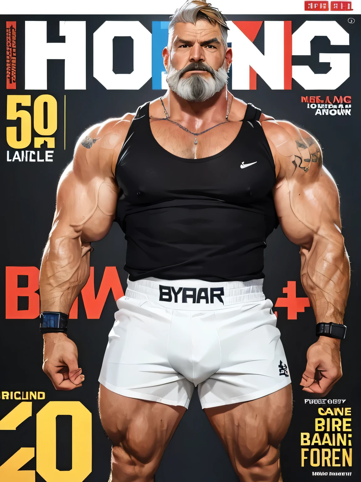 (magazine cover), with text, solo, 1boy, (Huge Muscular Old man as a boxer , wearing shorts, and tank top) (short hair, 2tone hair color, two tone hair colors, black and white hair color), pectoral, abnormal muscle size, very big muscle, legs open, absurdly muscle size, huge pectoral, wide pectoral, short white hair, short bearded, simple background, masterpiece, high detailed, 8k, high resolution, --style 250, -- v 6.0