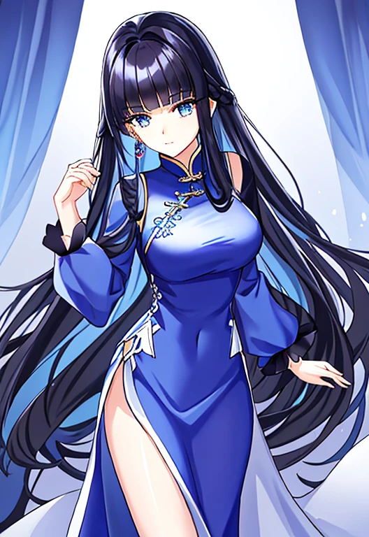 She has long, black, beautiful hair.,princess cut hairstyle,Big blue eyes,Deep purple hair,Height 1.85 meters,Fair skin。Calm personality,Cold but elegant,Sometimes lively。Blue and white Chinese dress,Layered skirt,