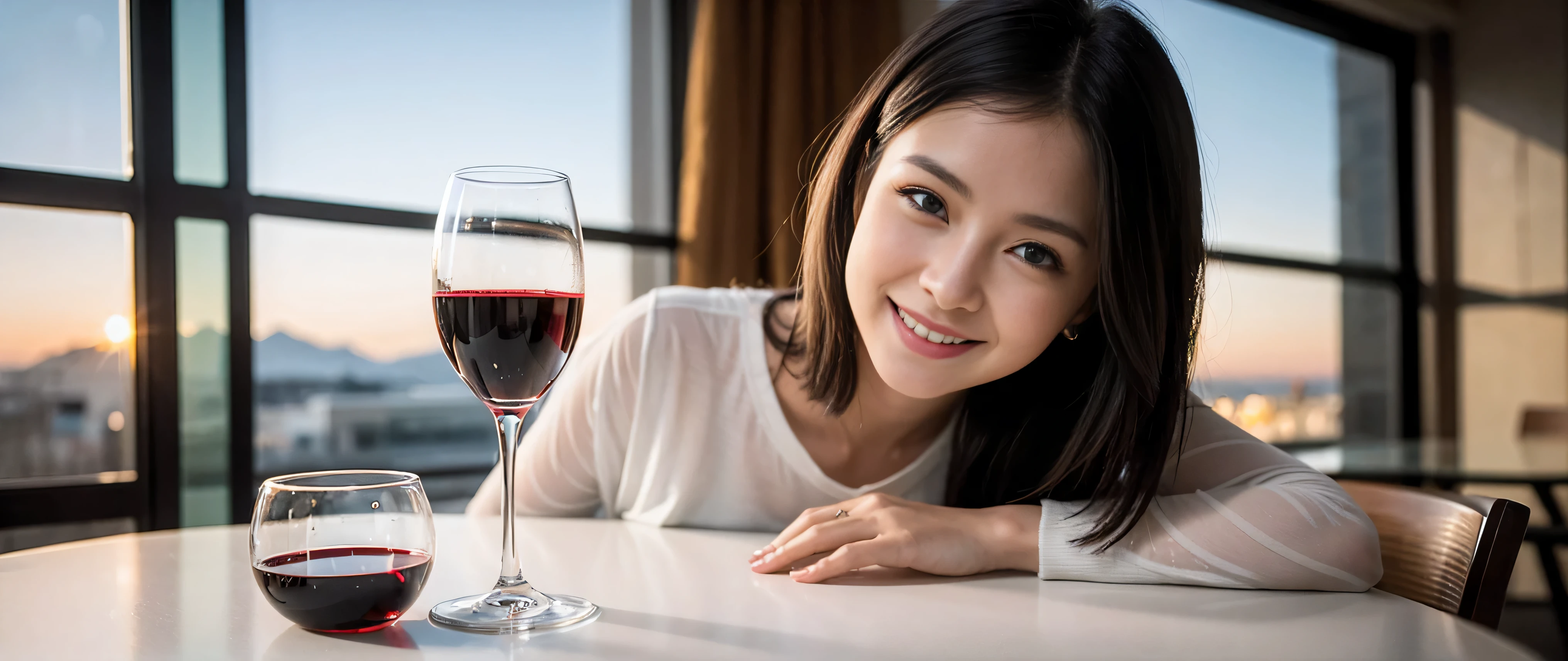 ((highest quality、8k、masterpiece:1.3))、Sharp focus:1.2、Beautiful woman perfect body:1.4、Slim body、((Bob Hale、Straight hair:1.2))、(to be born, highest quality, masterpiece:1.5), (Realistic, Intricate details:1.2), Ultra-high resolution, Spectacular view of the sunset sky and clouds、Amazing mountain views、A bright smile、A lovely woman with a smile、wine glass、red wine 、Bright image、2. Wine Beauties, Beautiful Face, blue eyes, The light shines on your face, Blushing, short hair,Bright face、Fox face、 (36 years old), 39 years old, Lady、hors d'oeuvre、Italian food、wine bottle、Champagne、sparkling wine、two beauties、brown hair、Shortcuts、Long sleeve shirt、dress、Pretty Woman 1, (slim face), (The body is slim), (brown hair), (Shortcuts), cheeks turn a little red,charming beauty、, Out of the window, A beautiful and detailed night view unfolds.........., restaurant, In a prominent place (From the waist up) Nova Frog Style, actress, model, Upper Body, White wine, slim, wine glass, wine glass placed in the middle, smile, (smile: 1.15), Beautiful fine grain, Depth f/2,saturation, High Contrast, Strong light and shadow,Moist Body:1.5、3D texture、Delicate eyes、brown hair、The hair is very shiny、