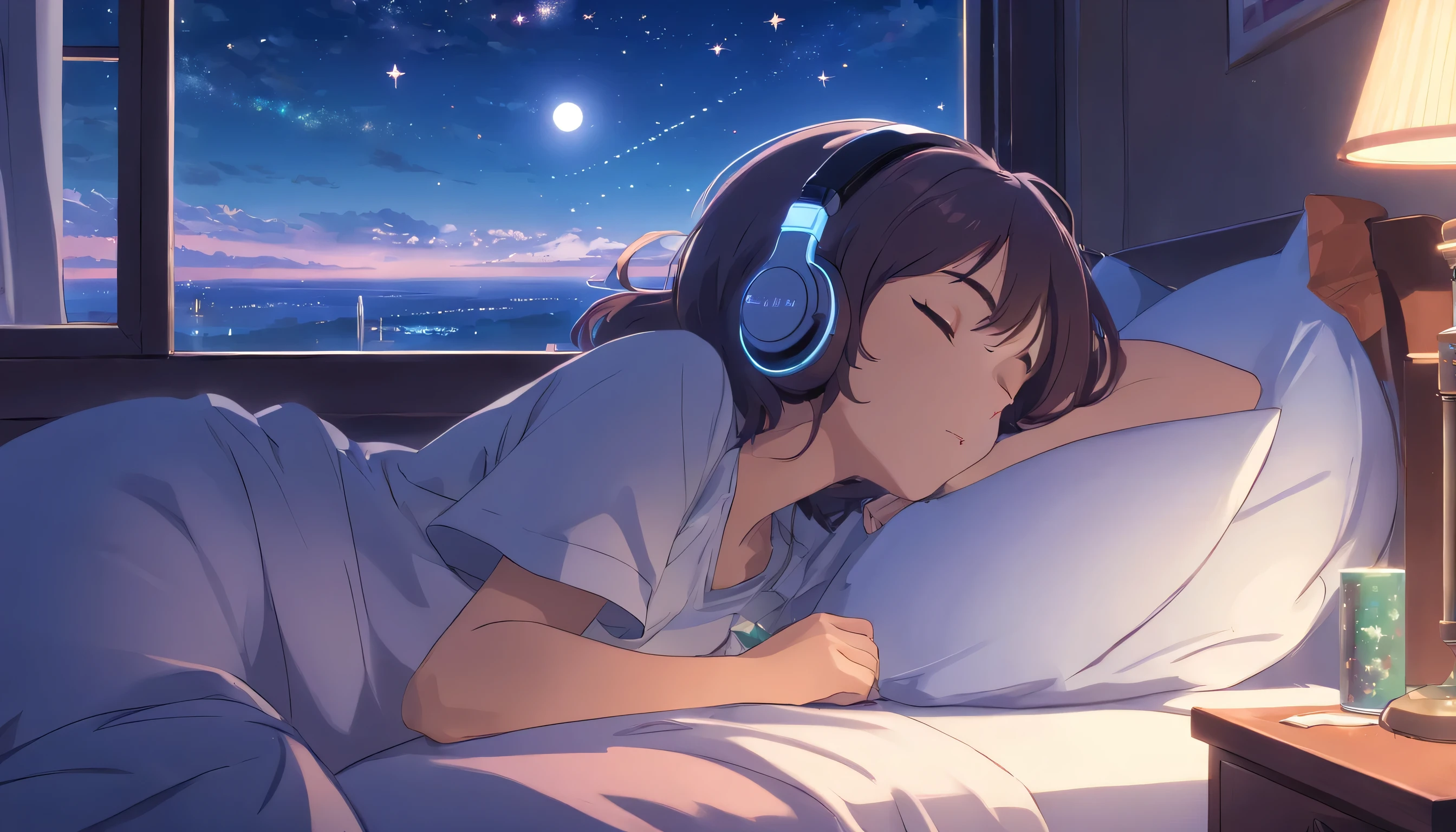 (masterpiece) A girl (woman) sleeping in bed, on her bed, wearing headphones,  Window showing moon and stars, calm, peaceful, thinking, ish, Color Grading, Nice color coding,