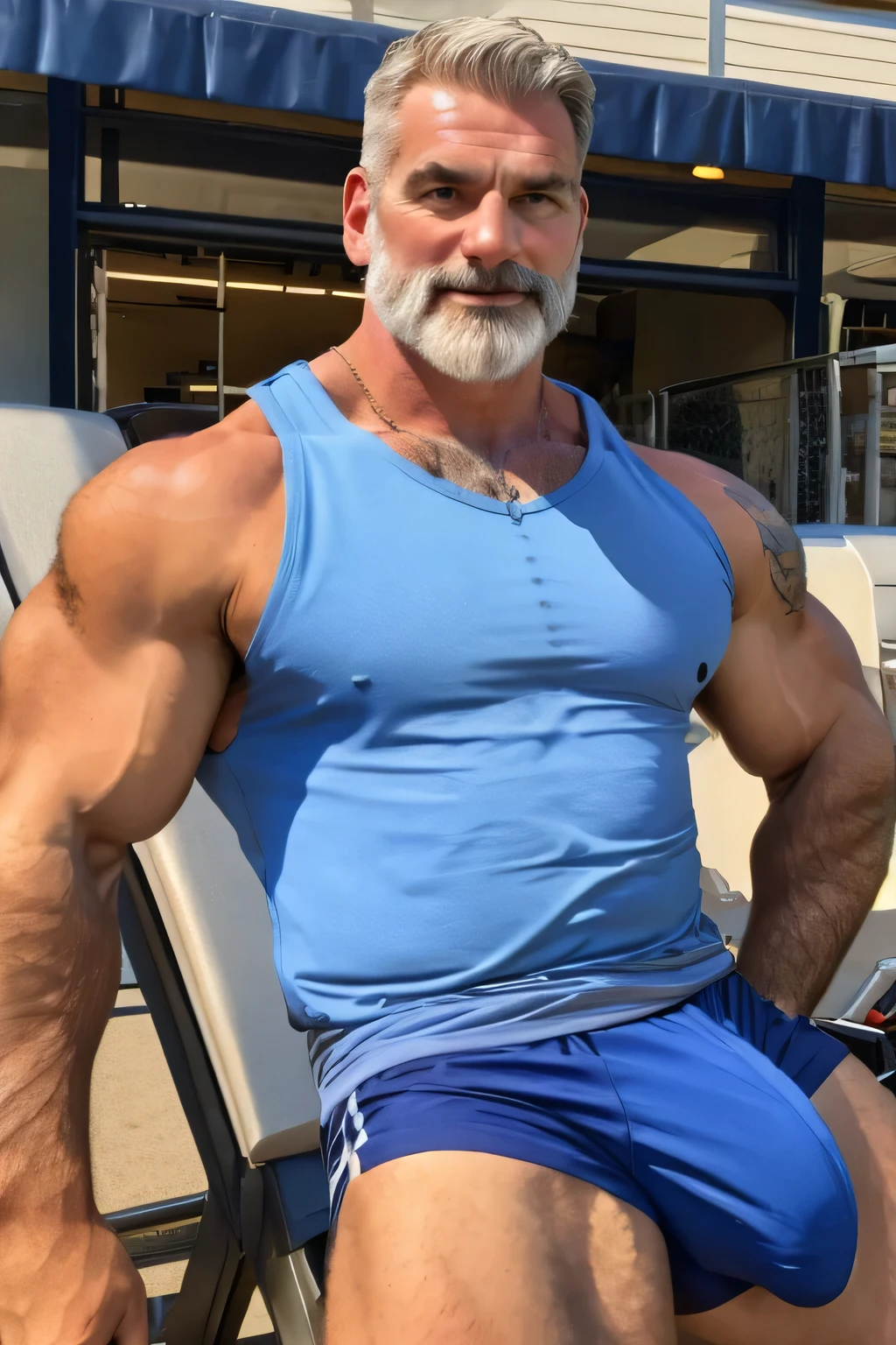 (handsome mature man), (50 yo), white man, wearing a tank top and sport shorts, bulge, (beefy:1.3), beard, looking at viewer, beautiful man, detailed eyes, symmetric face, smirk, robust, greying hair