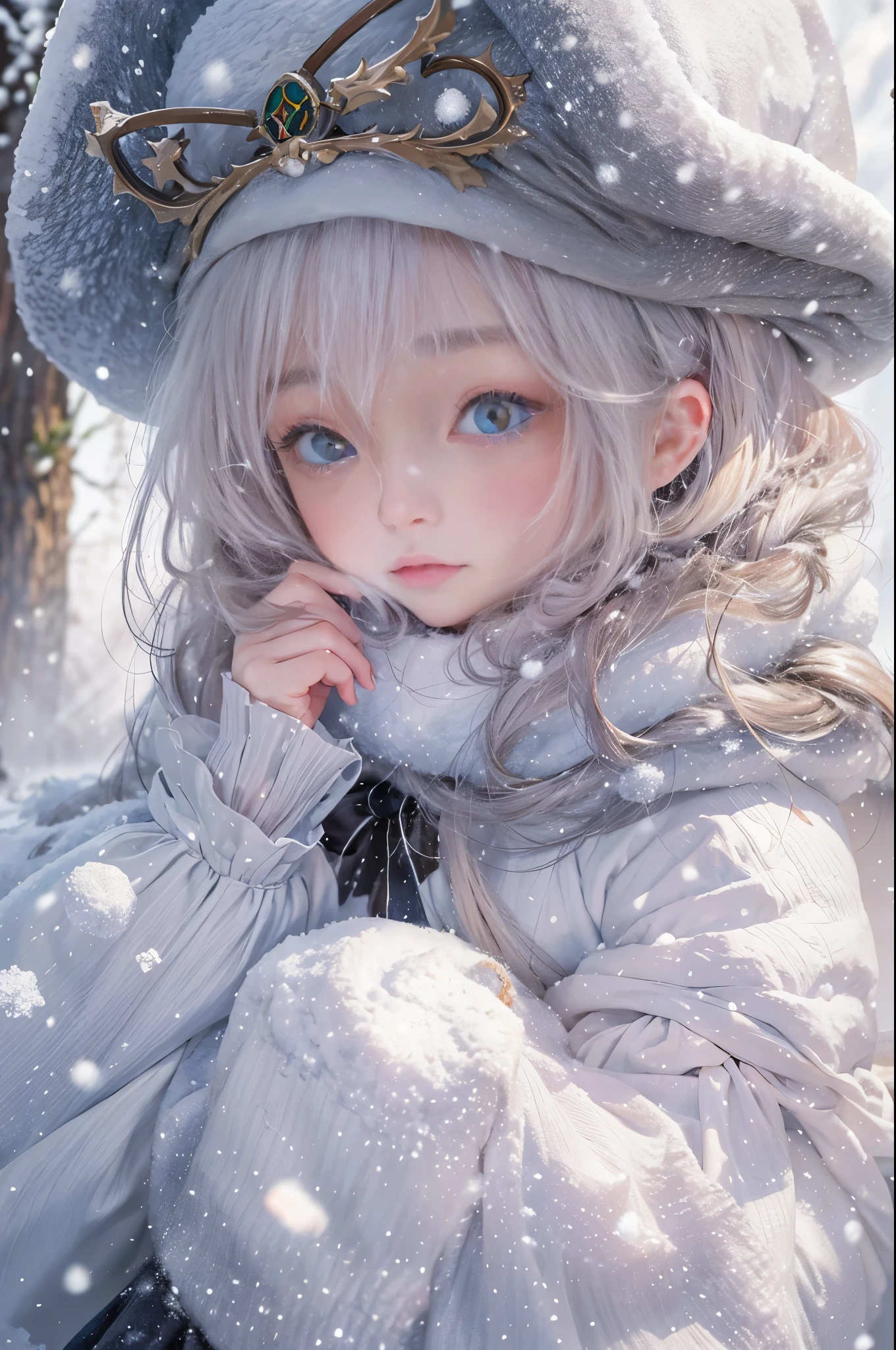 ((Works of masters))，(ultra high resolution)，1 girl,Glowing eyes，Tears of sadness， Sitting, ta costume，Cloak (Snow, Snow，Outdoor activities in winter:1.2),