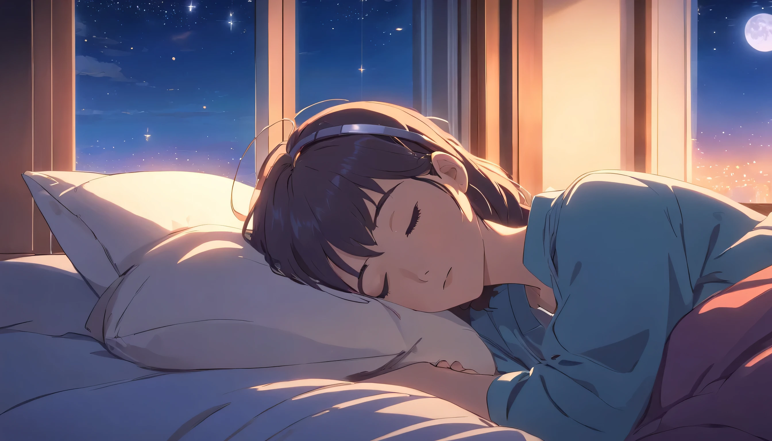 (masterpiece) A girl (woman) sleeping in bed, on her bed, wearing headphones,  Window showing moon and stars, calm, peaceful, thinking, ish, Color Grading, Nice color coding,