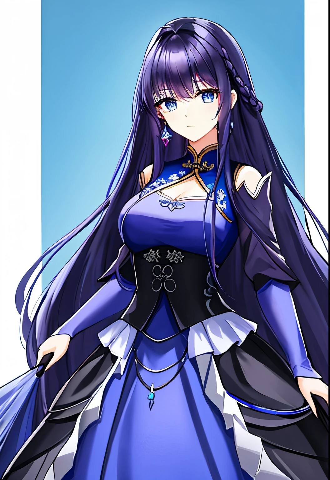 She has long, black, beautiful hair.，Princess hairstyle，Big blue eyes，Deep purple hair，Height 1.85 meters，Fair skin。Calm personality，Cold but elegant，Sometimes lively。Blue and white Chinese dress，Layered skirt，