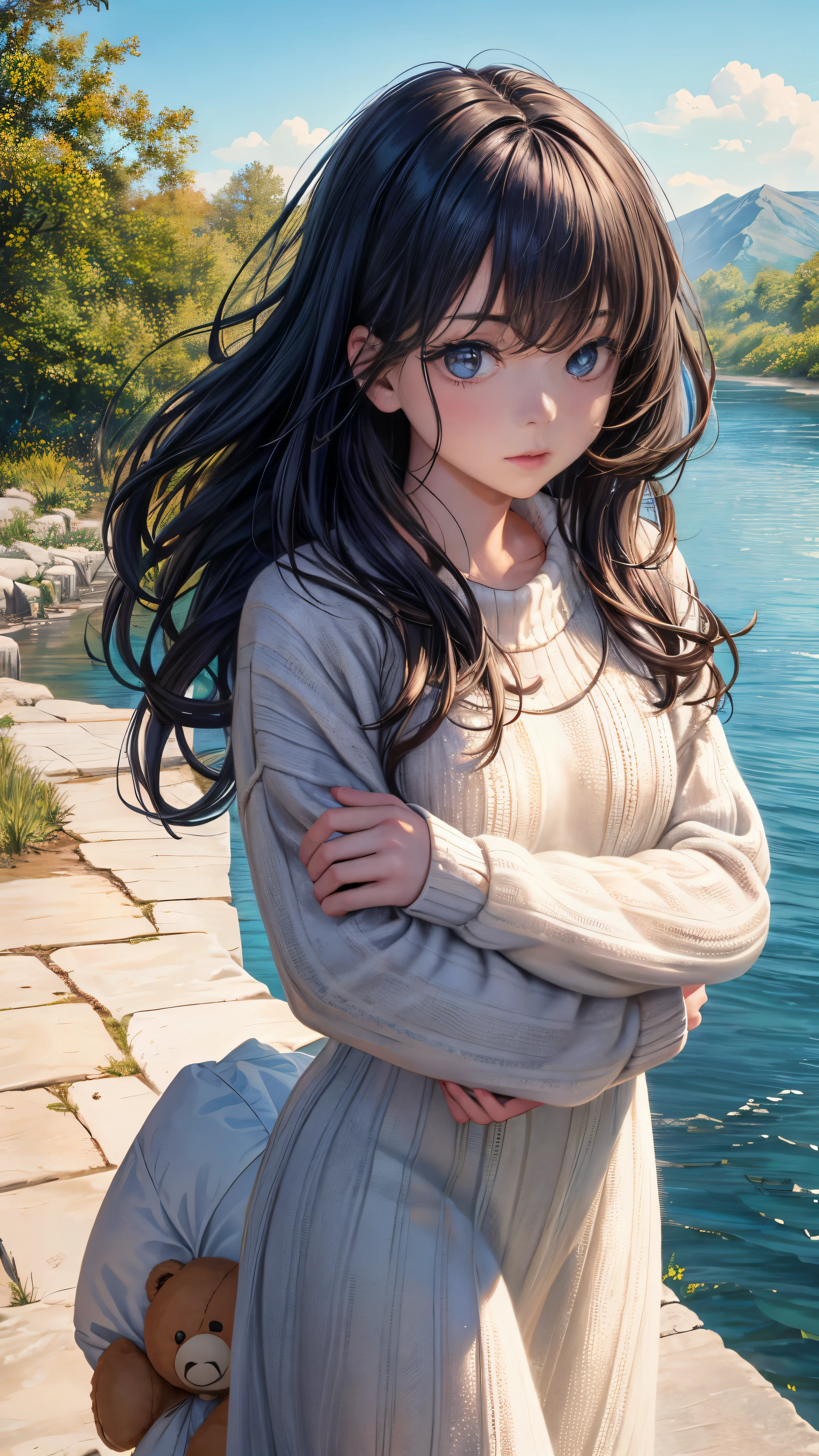 One girl is strolling by the river, surrounded by a scenic mixed-media artwork (photorealistic: 1.3). She is wearing a cozy sweater, carrying a plush pillow under her arm. Her lips are parted in an open-mouthed expression, radiating realism in this solo image. A teddy bear or stuffed toy clutched in her hand adds to the tranquility of the scene.

This masterpiece portrays a ultra-detailed (high detailed skin: 1.2) young woman with long, wavy, and detailed hair that catches the sunlight. Her eyes are expressive, conveying a captivating gaze that seems