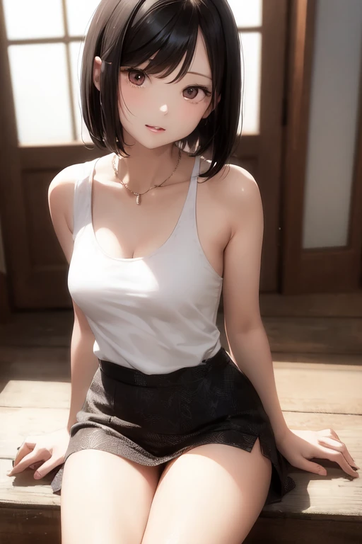 woman、Sitting、short hair、Black Hair、Pink T-shirt、mini skirt
