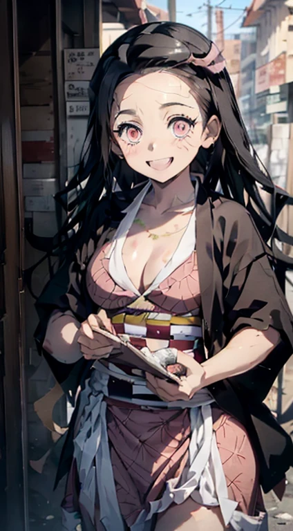 (chef-d'artwork, best quality:1.2),nezuko de face nue nous regardant en souriant (gros seins) (pas d'habit (nue) (tout le corp)