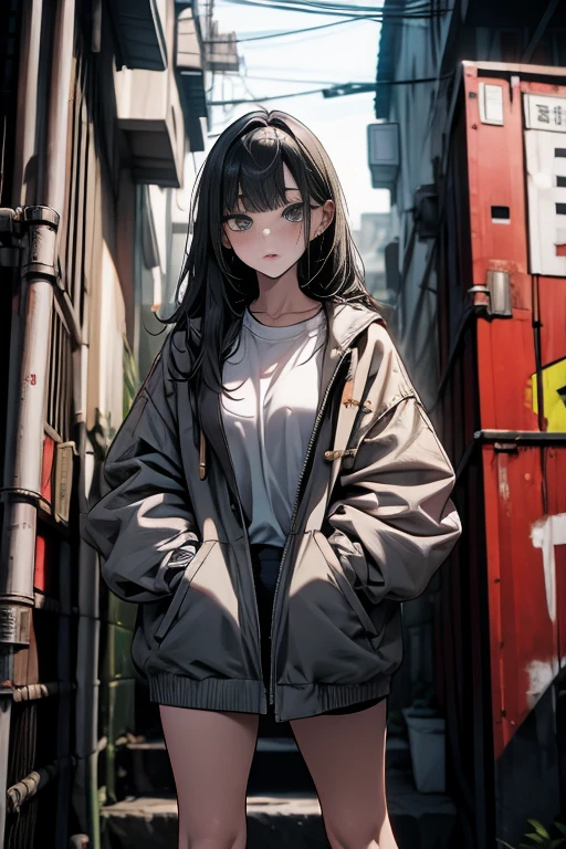 naked beautiful 18-year-old girl stands against the background of graffiti on the wall