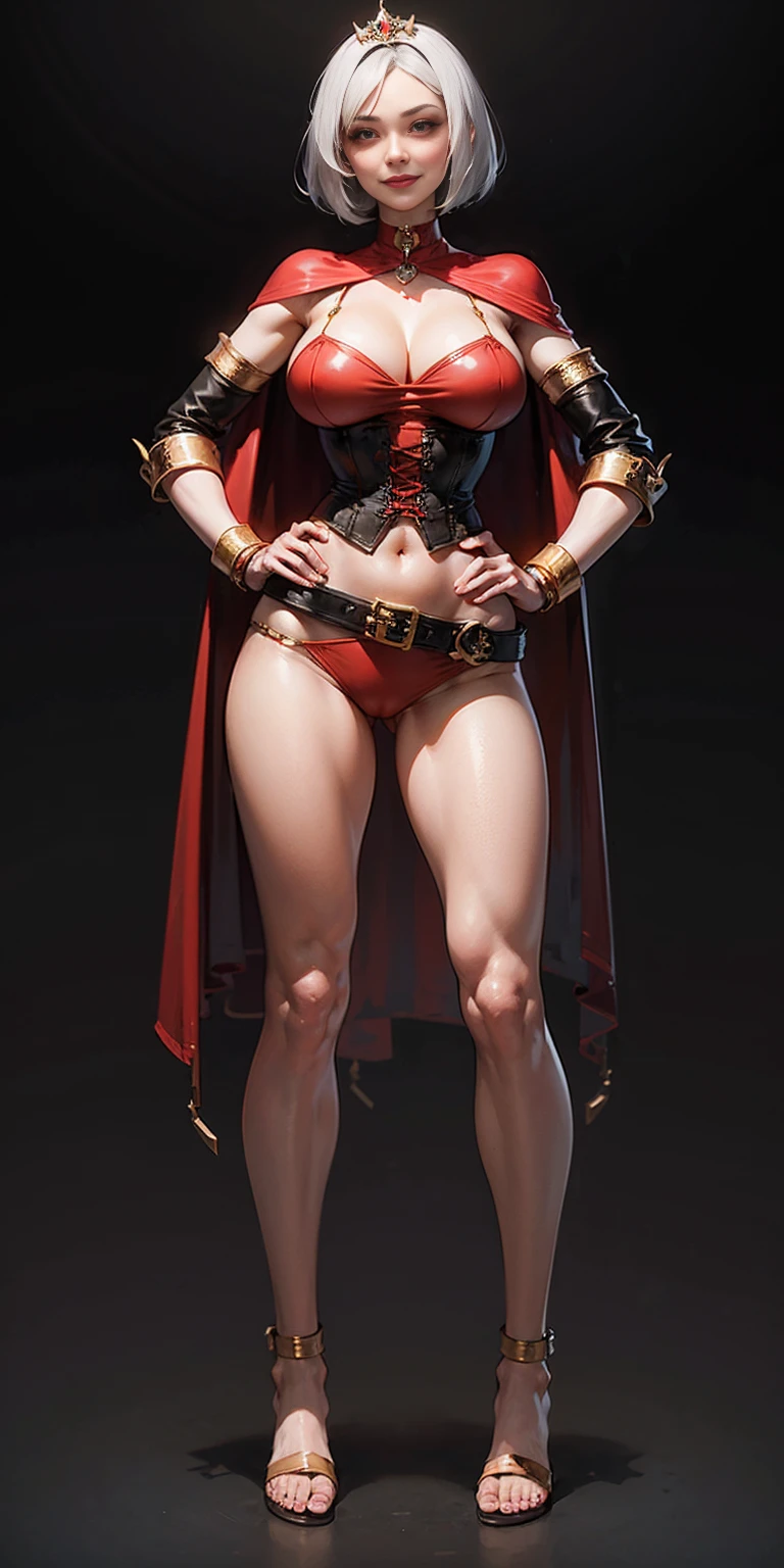 ((BLACK BACKGROUND,1:2, masterpiece)), full body MILF BIMBO standing with two long thighs and two high heels, red eyes, silver white hair, short bob style hair, big breasts, cleavage, separate sleeves, tiara royal, long cape up to two feet, yellow bikini, hands on waist, navel, lustful smirking smiling, smile face (red blushed, red cheeks), metal shoulders, gold sleeveless armbands, black leather choker slave collar, shackle bracelets, slave red crest, full body MILF BIMBO standing with two long thighs and two metal sandals, red eyes, silver white hair, short bob style hair, big breasts, cleavage, separate sleeves, tiara royal, long cape up to two feet, yellow bikini, hands on waist, navel, lustful smirking smiling, smile face (red blushed, red cheeks), metal shoulders, gold sleeveless armbands, black leather choker slave collar, shackle bracelets, slave red crest, pauldrons, breastplate, corset, eye focus, full body, whole body 1solo slave fighter, loincloth standing, hands on hips, metal sandals, backpack, choker, big belt around waist, view from below, feet together, bracers, tiara)