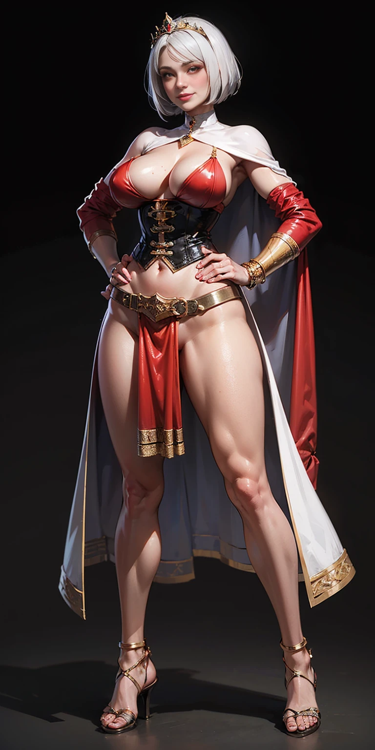 ((BLACK BACKGROUND,1:2, masterpiece)), full body MILF BIMBO standing with two long thighs and two high heels, red eyes, silver white hair, short bob style hair, big breasts, cleavage, separate sleeves, tiara royal, long cape up to two feet, yellow bikini, hands on waist, navel, lustful smirking smiling, smile face (red blushed, red cheeks), metal shoulders, gold sleeveless armbands, black leather choker slave collar, shackle bracelets, slave red crest, full body MILF BIMBO standing with two long thighs and two metal sandals, red eyes, silver white hair, short bob style hair, big breasts, cleavage, separate sleeves, tiara royal, long cape up to two feet, yellow bikini, hands on waist, navel, lustful smirking smiling, smile face (red blushed, red cheeks), metal shoulders, gold sleeveless armbands, black leather choker slave collar, shackle bracelets, slave red crest, pauldrons, breastplate, corset, eye focus, full body, whole body 1solo slave fighter, loincloth standing, hands on hips, metal sandals, backpack, choker, big belt around waist, view from below, feet together, bracers, tiara)
