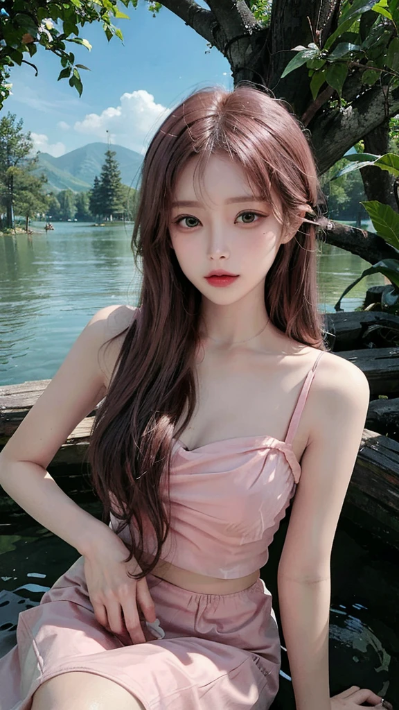 Real person photos,Chinese beauty with long straight reddish brown hair, masterpiece, best quality, extremely delicate and beautiful,high resolution, absurderes, Optimal proportions of four fingers and one thumb, in the lake with trees,sitting,  highly detailed beautiful face, Cute, shy,blush, dynamic angle, from above,looking at viewer, wearing Chiffon Sleeveless Blouse skirt