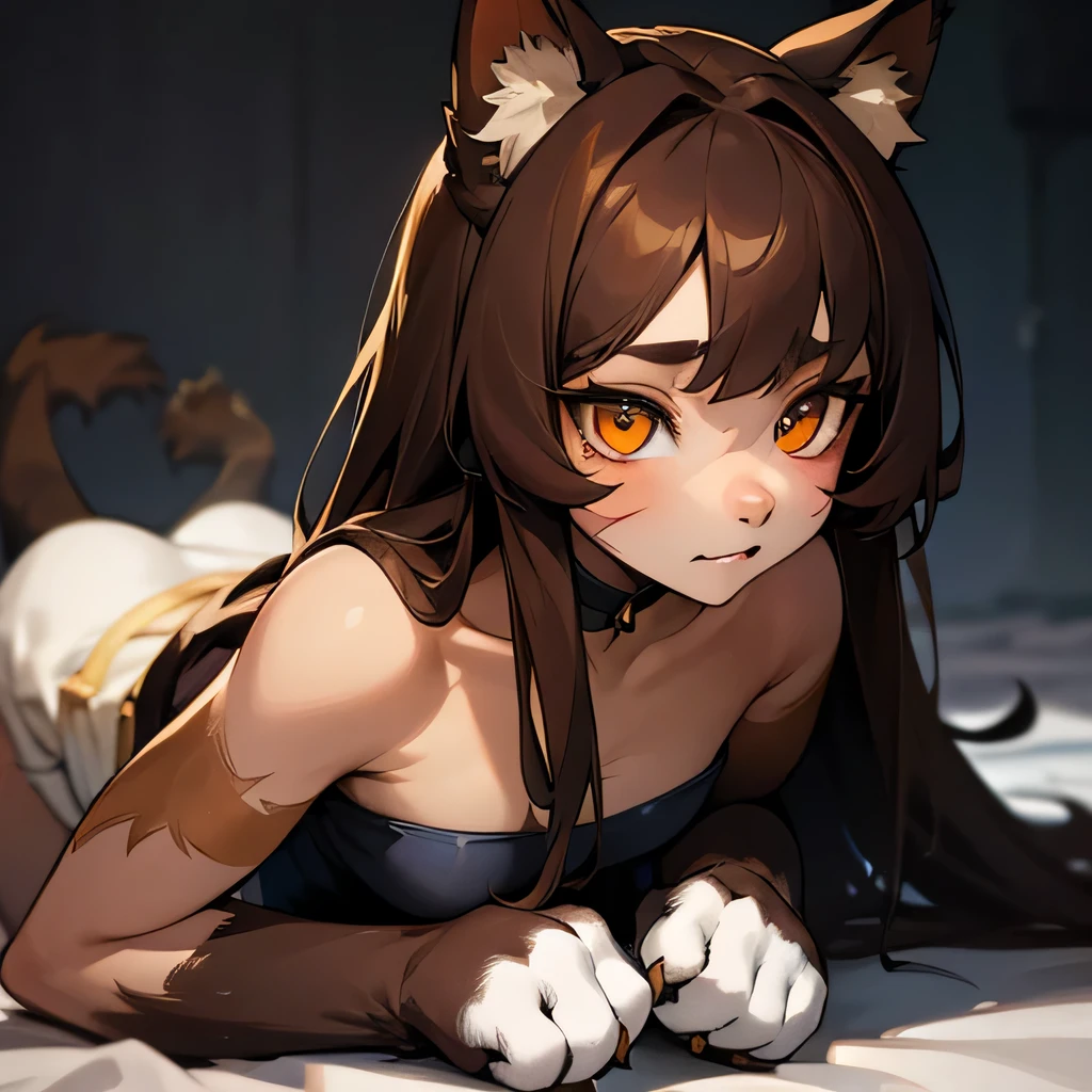 Cute girl, werewolf, brown hair, scars, golden eyes, paws, face focus, furry, submissive, innocent, half human, beautiful
