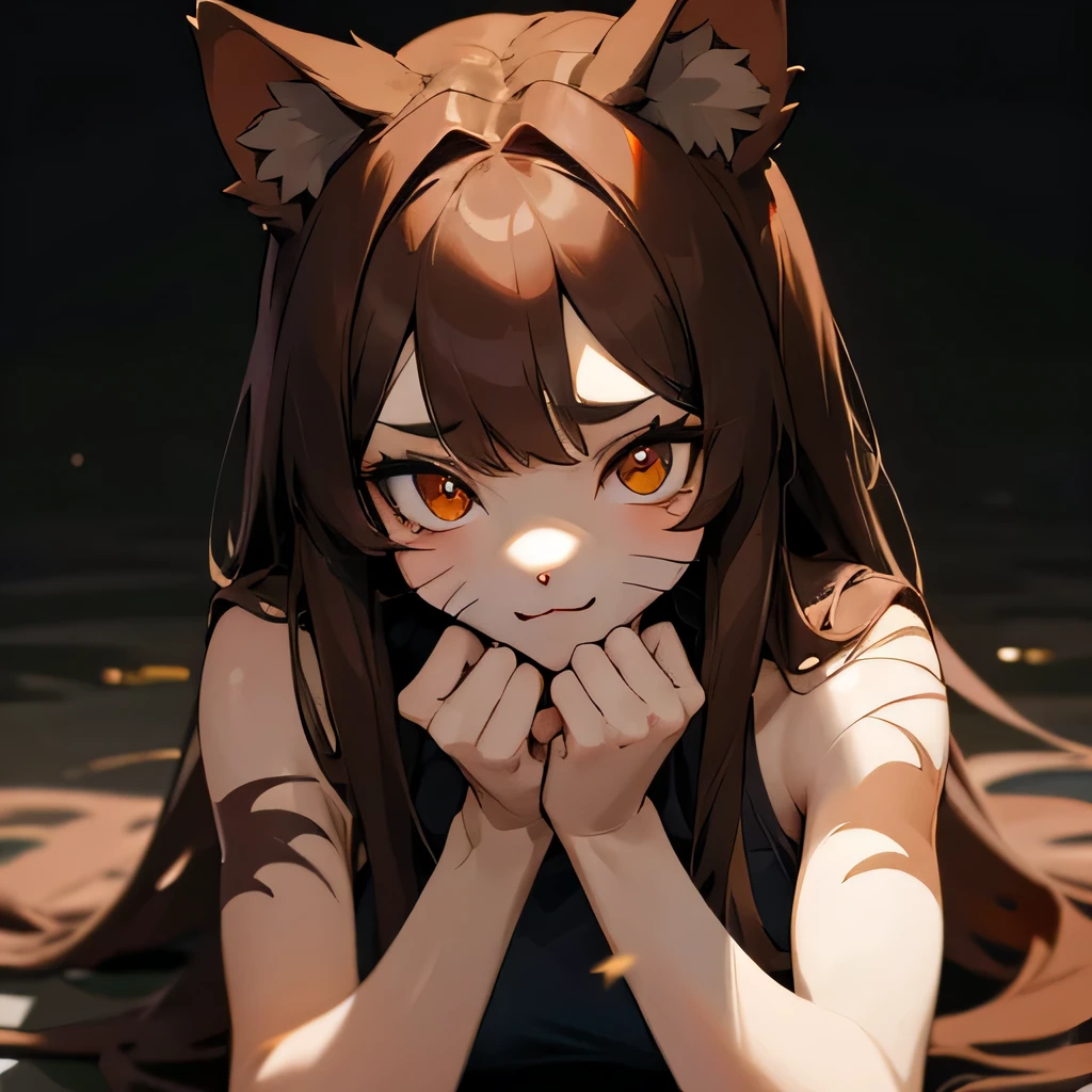 Cute girl, werewolf, brown hair, scars, golden eyes, paws, face focus, furry, submissive, innocent, half human, beautiful, innocent