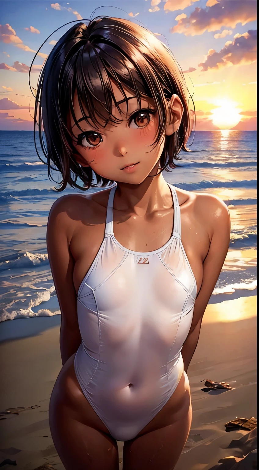 Tanned girl in a swimsuit standing on the beach、short hair，Baby Face，Illuminated by the setting sun，Beautiful sunset，Look at the viewer and smile、Flat Chest，Put your arms behind your back