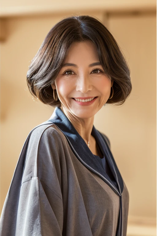 (highest quality、8K、32K、masterpiece、The color of the clothes is beige)((Deep nasolabial fold、wrinkles at the corners of the eyes))、woman、60s、Long Hair、Upper Body、Japanese、smile、looking at viewer、Black Hair