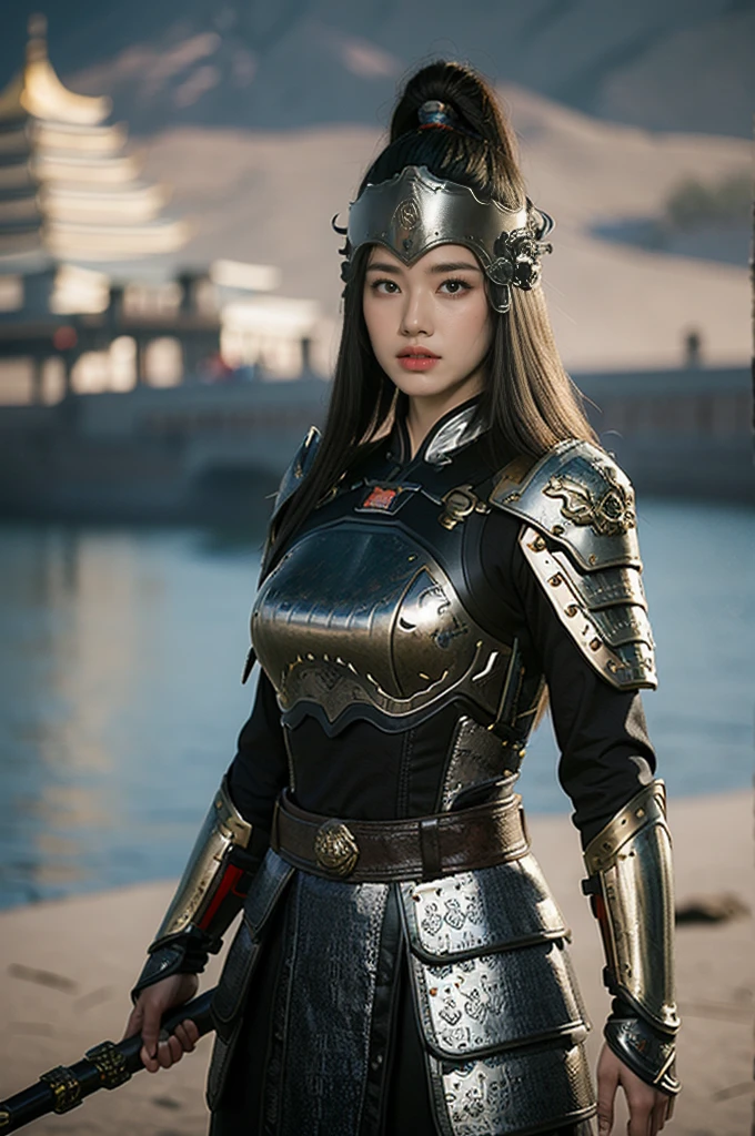 Game Art，Best picture quality，Maximum resolution，8k，(A bust photo)，(portrait)，(Head close-up)，(Rule of Thirds)，Unreal Engine 5 rendering works， (Future Girl)，(Female Warrior)， 
20-year-old girl，(ancient chinese warrior)，Eyes full of details，(Large Breasts)，Elegant and noble，indifferent，(brave)，
(Character costumes，Clothes with random patterns，ribbon，Combined Armor，Rich wearing details，)Chinese characters，Fantasy style，
Photo poses，Field background，Movie Lighting，Ray Tracing，Game CG，((3D Unreal Engine))，oc rendering reflection pattern