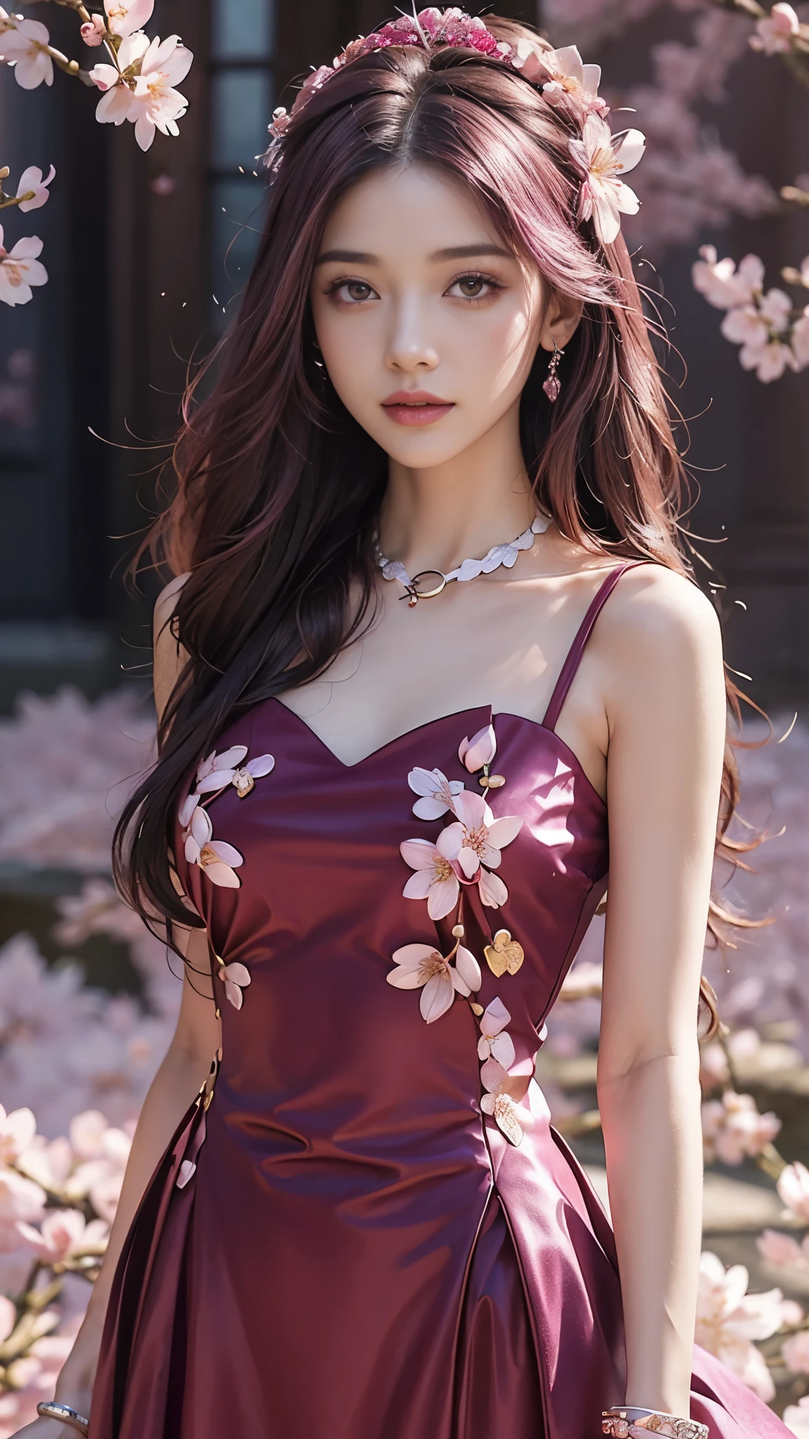 4K, Ultra HD, Masterpiece, 1 girl, (good face:1.4), detailed eyes, red lips, very long hair, princess dress, (magenta dress:1.5), ((loops:1.4)), (jwellery:1.5), (cherry blossom:1.5), (bloom effect:1.5), Detailed Fantasy Art, Stunning Character Art, beautiful Exquisite Character Art, Beautiful, Extremely Detailed, Exquisite Intricate Headdress and Jewellery, perfect body, looking directly at the audience, front upper body,