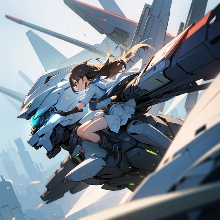 Please draw a beautiful girl riding a mecha that moves by synchronizing her body.