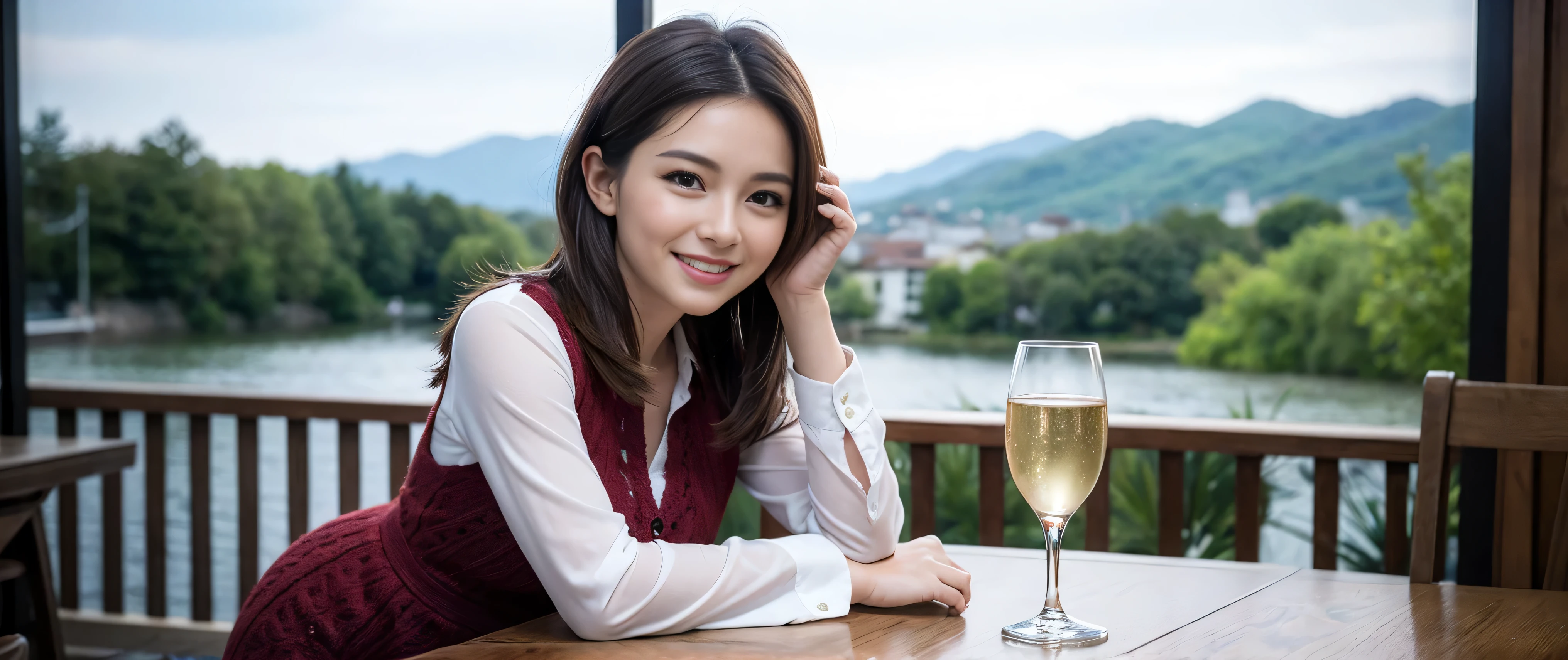 ((highest quality、8k、masterpiece:1.3))、Sharp focus:1.2、Beautiful woman perfect body:1.4、Slim body、((Bob Hale、Straight hair:1.2))、(to be born, highest quality, masterpiece:1.5), (Realistic, Intricate details:1.2), Ultra-high resolution, Spectacular view of the sunset sky and clouds、Amazing mountain views、A bright smile、A lovely woman with a smile、wine glass、red wine 、Bright image、2. Wine Beauties, Beautiful Face, blue eyes, The light shines on your face, Blushing, short hair,Bright face、Fox face、 (33 years old), 36 years old, Lady、hors d'oeuvre、Italian food、wine bottle、Champagne、sparkling wine、two beauties、brown hair、Shortcuts、Long sleeve shirt、dress、Pretty Woman 1, (slim face), (The body is slim), (brown hair), (Shortcuts), cheeks turn a little red,charming beauty、, Out of the window, A beautiful and detailed night view unfolds.........., restaurant, In a prominent place (From the waist up) Nova Frog Style, actress, model, Upper Body, White wine, slim, wine glass, wine glass placed in the middle, smile, (smile: 1.15), Beautiful fine grain, Depth f/2,saturation, High Contrast, Strong light and shadow,Moist Body:1.5、3D texture、Delicate eyes、brown hair、The hair is very shiny、