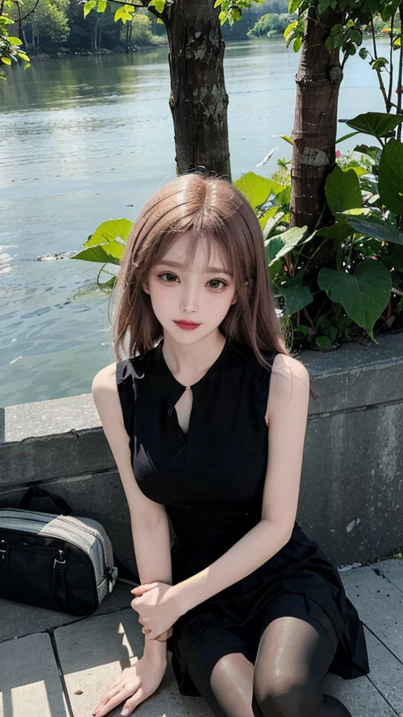 Real person photos,Chinese beauty with long straight reddish brown hair, masterpiece, best quality, extremely delicate and beautiful,high resolution, absurderes, Optimal proportions of four fingers and one thumb, in the lake with trees,sitting, highly detailed beautiful face, Cute, shy,blush, dynamic angle, from above,looking at viewer, wearing Chiffon Sleeveless Blouse skirt and black pantyhose,A confident smile,Sitting elegantly on the floor