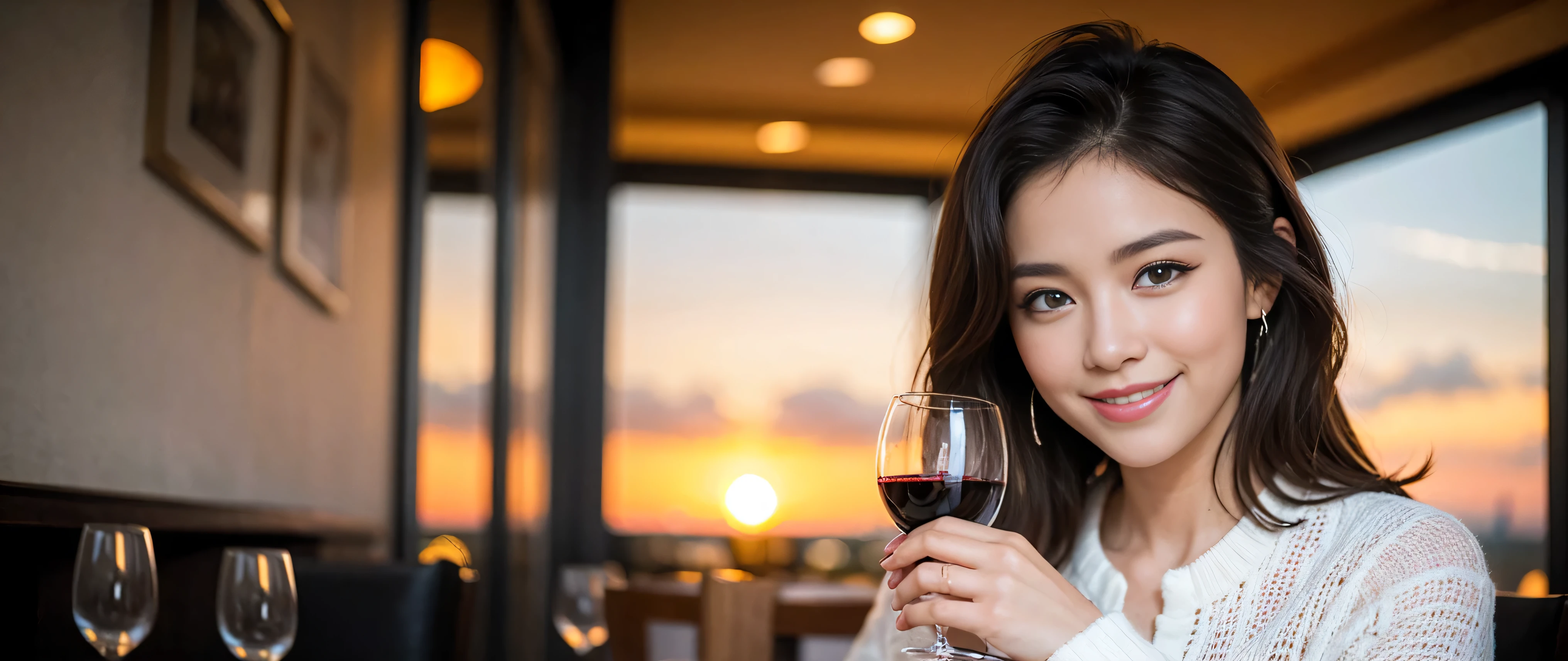 ((highest quality、8k、masterpiece:1.3))、Sharp focus:1.2、Beautiful woman perfect body:1.4、Slim body、((Bob Hale、Straight hair:1.2))、(to be born, highest quality, masterpiece:1.5), (Realistic, Intricate details:1.2), Ultra-high resolution, Spectacular view of the sunset sky and clouds、Amazing mountain views、A bright smile、A lovely woman with a smile、wine glass、red wine 、Bright image、2. Wine Beauties, Beautiful Face, blue eyes, The light shines on your face, Blushing, short hair,Bright face、Fox face、 (33 years old), 36 years old, Lady、hors d'oeuvre、Italian food、wine bottle、Champagne、sparkling wine、two beauties、brown hair、Shortcuts、Long sleeve shirt、dress、Pretty Woman 1, (slim face), (The body is slim), (brown hair), (Shortcuts), cheeks turn a little red,charming beauty、, Out of the window, A beautiful and detailed night view unfolds.........., restaurant, In a prominent place (From the waist up) Nova Frog Style, actress, model, Upper Body, White wine, slim, wine glass, wine glass placed in the middle, smile, (smile: 1.15), Beautiful fine grain, Depth f/2,saturation, High Contrast, Strong light and shadow,Moist Body:1.5、3D texture、Delicate eyes、brown hair、The hair is very shiny、