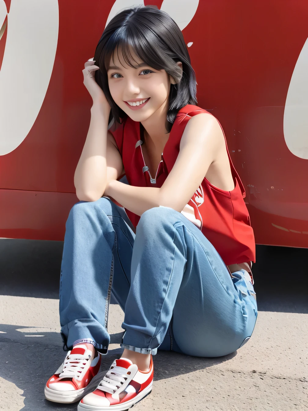 8k, Realistic, RAW Photos, highest quality:1.4), (Realistic face), (Black Hair、short hair、Beautiful Hairstyles、ear piercing、, smile、Beautiful teeth alignment、Beautiful little blue eyes, (Realistic skin texture), (Beautiful Skin),charm, Ultra-high resolution, Ultra-Realistic Skin, (Natural light)、Golden Ratio, ((smile)), ((full body shot)), (((Red trainer)))、((Skinny jeans、sneakers) Information Information