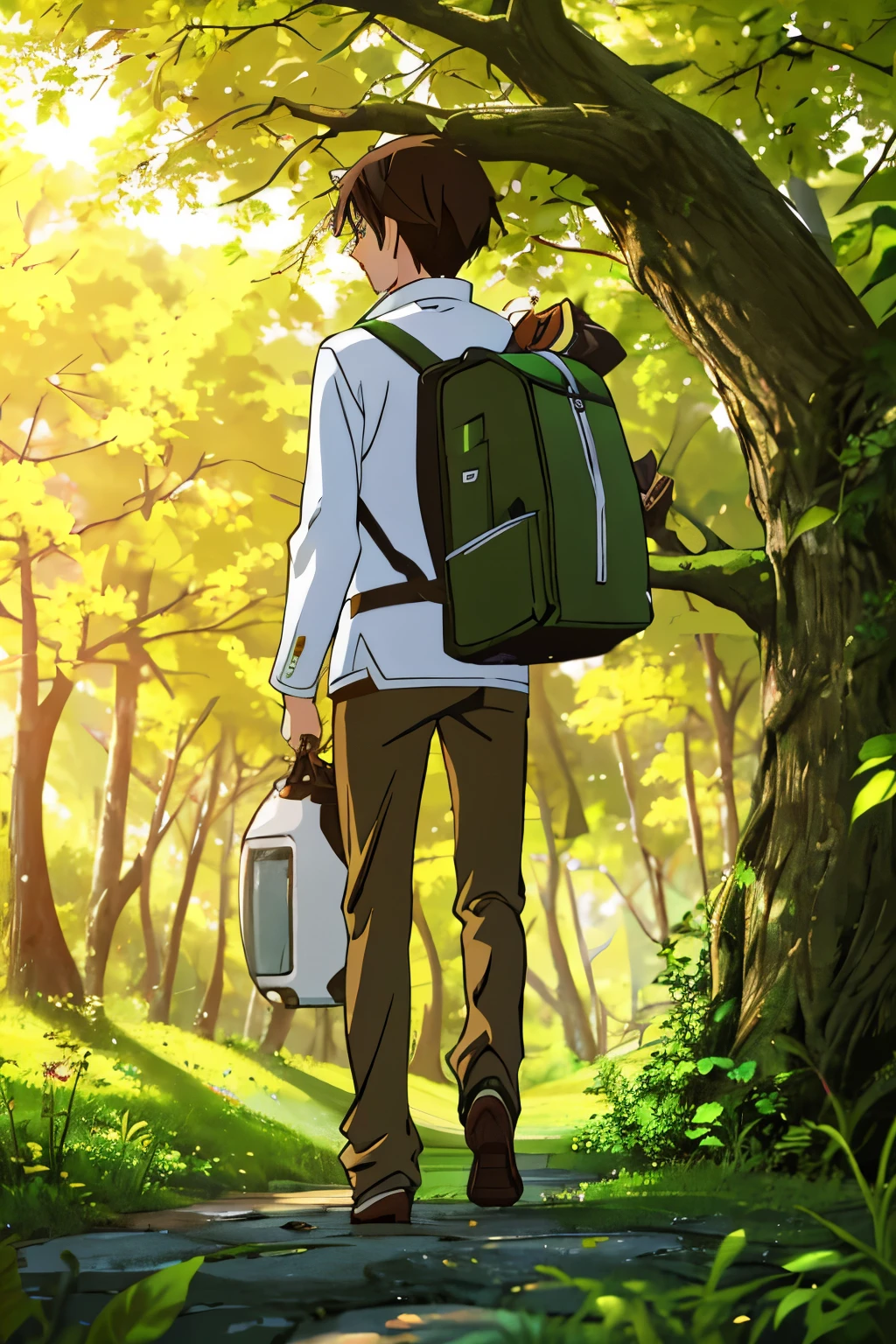 Dessen is a thin, smart-looking young man。His appearance shows a thin line,Revealing his physical fitness when he is often at home。he has green eyes,Looks clear and bright,Like reflecting the colors of the forest。Short brown hair on top of head neatly trimmed,Make him look very energetic。 Adelson wears an adventure-ready outfit,Probably lightweight outdoor long sleeves and stretchy pants,Let him walk freely in the forest。The color of his clothes may be green or brown,In harmony with the natural environment。He might be wearing a pair of sunglasses,to protect eyes from sunlight irritation。 Adelson may be carrying a backpack,It contains the adventure equipment he needs.,Such as map、compass、easy food、Kettle etc.。He may be carrying a small folding mountaineering ax or multifunctional knife,to cope with various situations that may be encountered in the forest。 These must be combined with technology to have a futuristic feel,Everything uses electricity