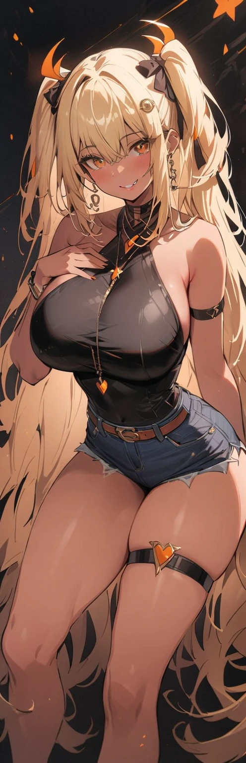 (masterpiece, best quality:1.2), 1 girl, Solitary,Everlasting_,
Tangerine, Long hair,Beautiful breasts、Huge breasts:1.4,Denim shorts,Thigh straps