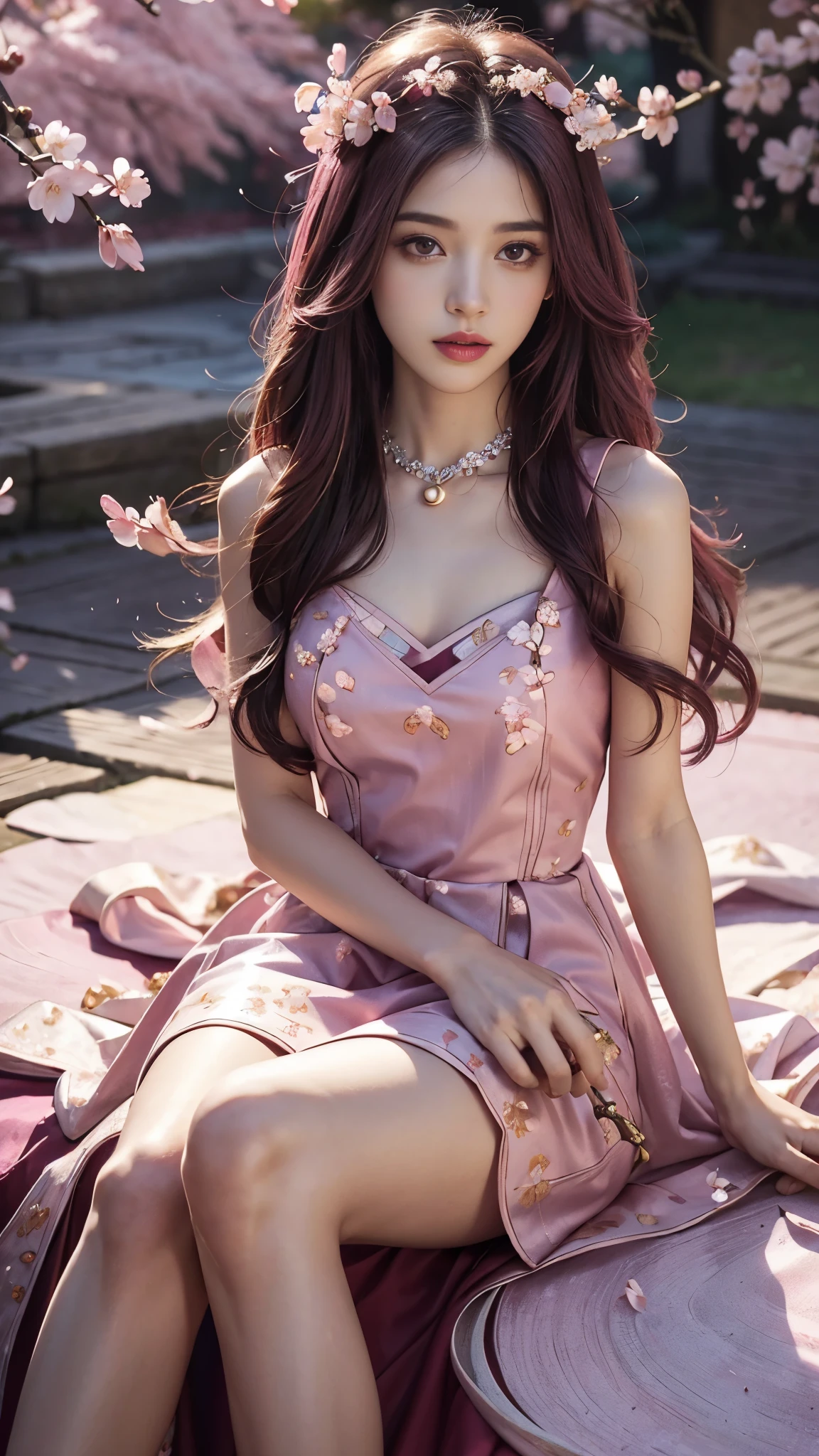 4K, Ultra HD, Masterpiece, 1 girl, (innocent face:1.4), detailed eyes, red lips, very long hair, princess dress, (magenta dress:1.5), ((loops:1.4)), (jwellery:1.5), (cherry blossom:1.5), (bloom effect:1.5), Detailed Fantasy Art, Stunning Character Art, beautiful Exquisite Character Art, Beautiful, Extremely Detailed, Exquisite Intricate Headdress and Jewellery, perfect body, looking directly at the audience, upper thigh body,
