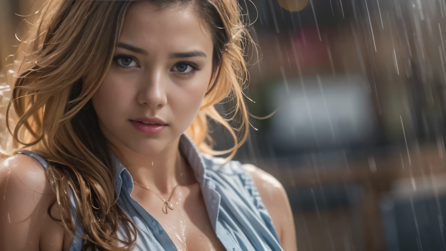 masterpiece, wet 티셔츠 경쟁, Jennifer from Accounting Department, half body shot, high quality, high resolution, Hot and sweaty;, wet, blurred background, 16,000, ultra high resolution.realistic, UHD, raw
