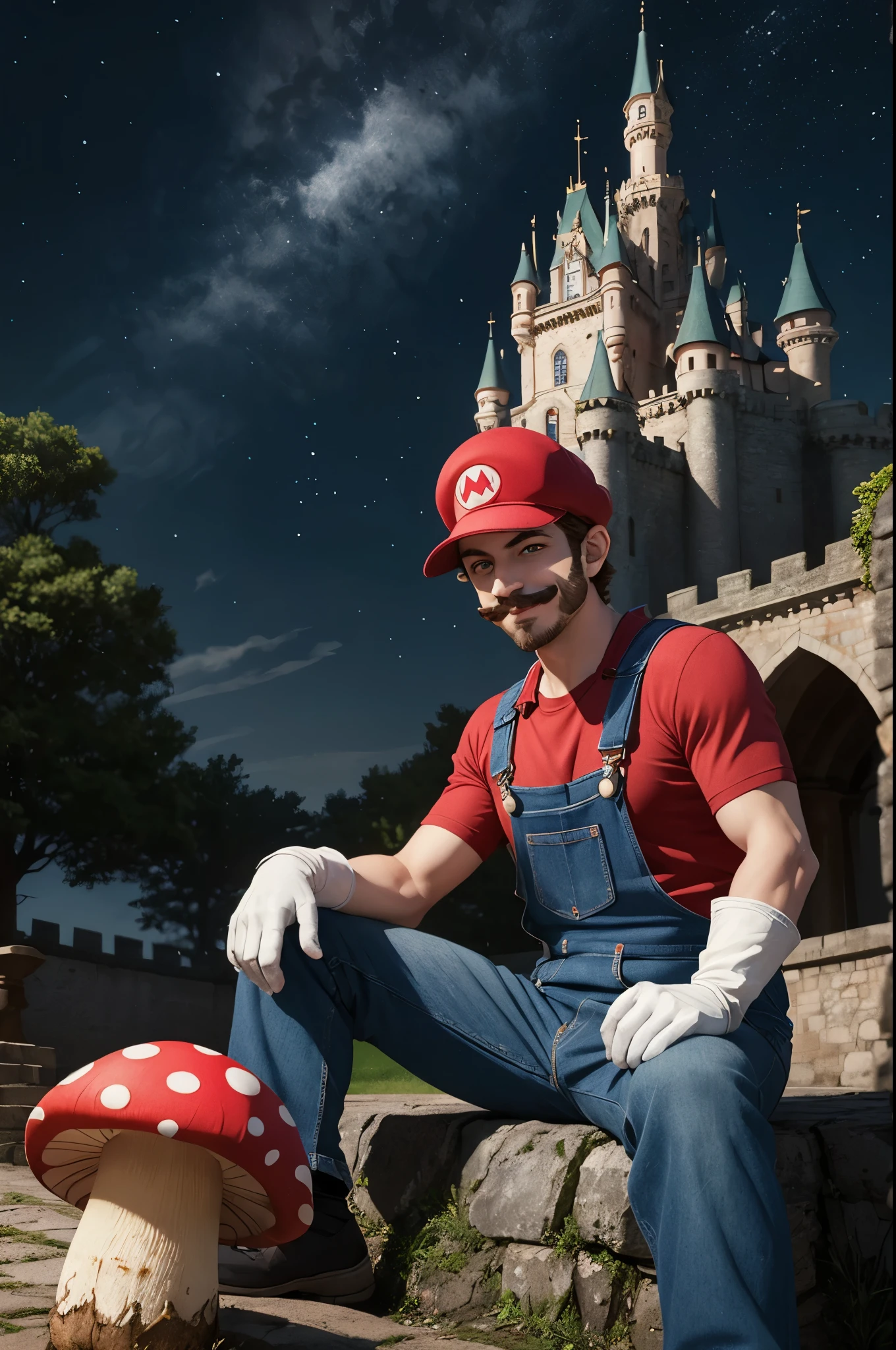 upermario sitting on a mushroom, looking at starfall on sky, wearing red shirt, blue overalls, white short gloves, red hat, mustache, blue eyes,  smiling, outside, castle background at midnight, extremely detailed, hdr