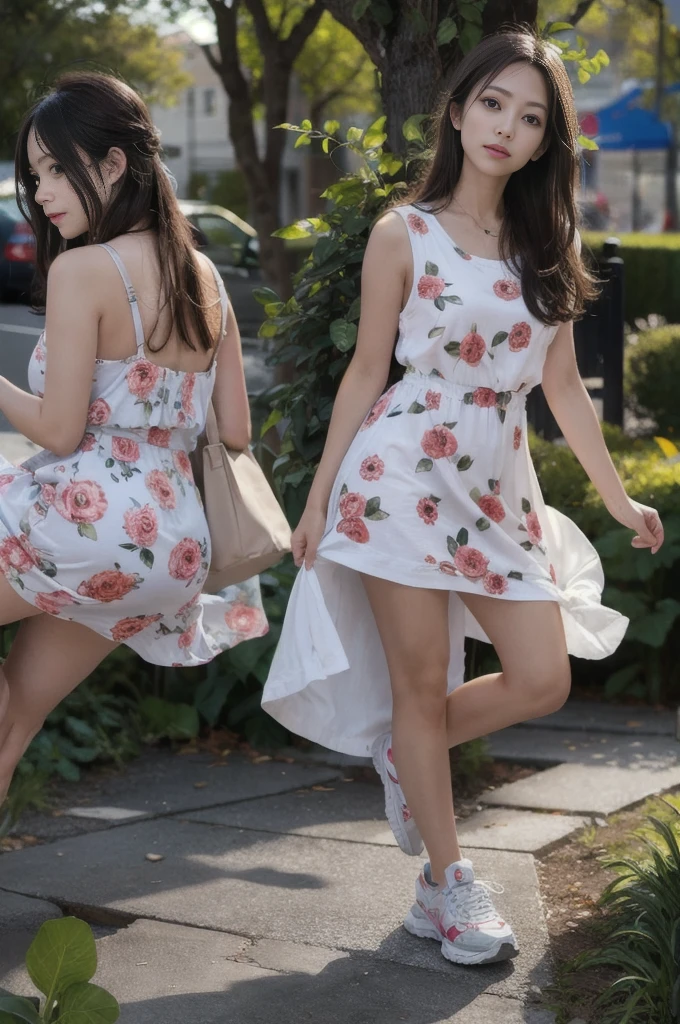 (((RAW image quality:1.4))), best quality, Ultra-high resolution, (Practical: 1.4), She wore a floral dress and sneakers with a spring vibe.、Photos of active agers
