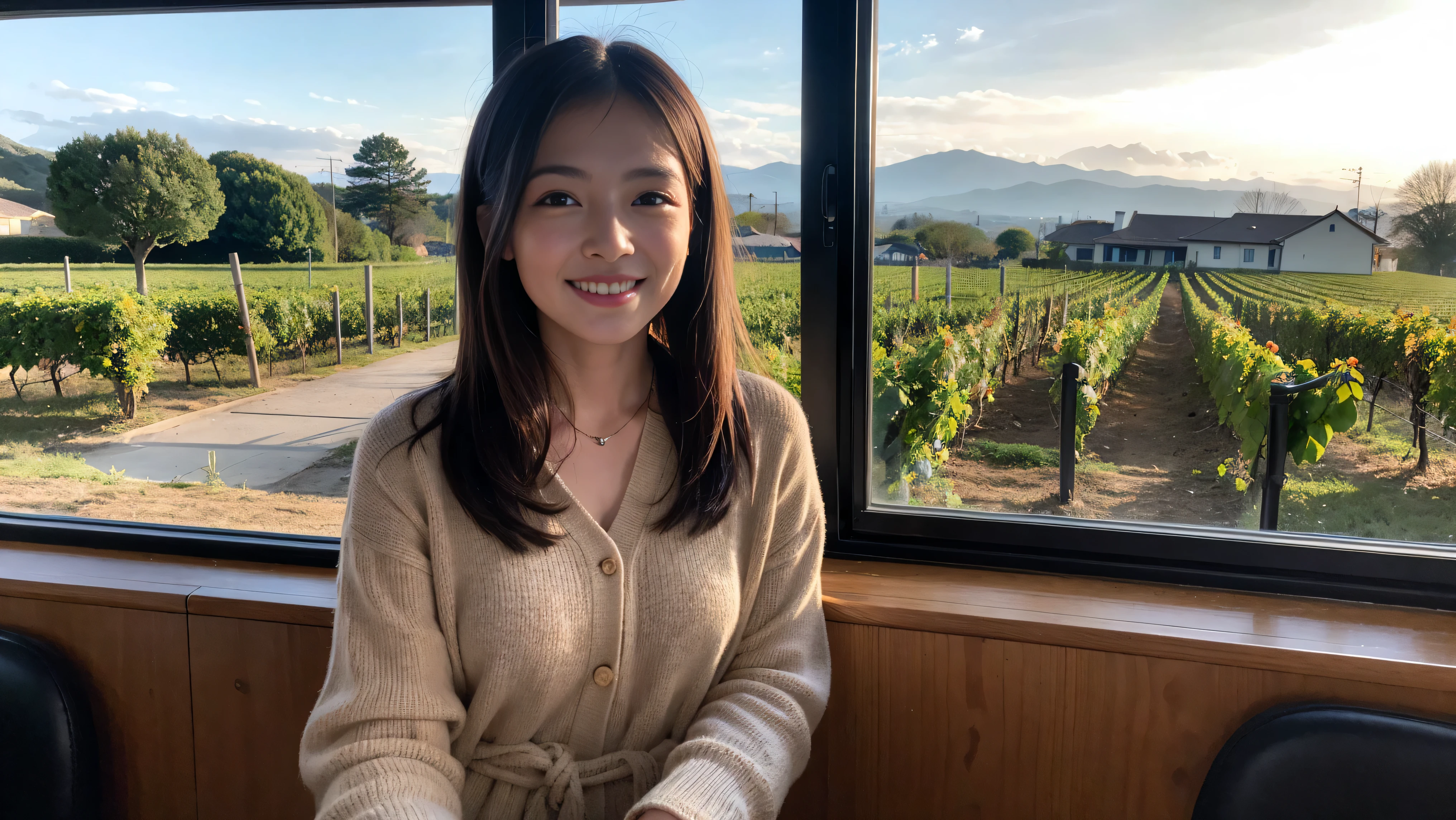 ((highest quality、8k、masterpiece:1.3))、Sharp focus:1.2、Beautiful woman perfect body:1.4、Slim body、((Bob Hale、Straight hair:1.2))、(to be born, highest quality, masterpiece:1.5), (Realistic, Intricate details:1.2), Ultra-high resolution, Spectacular view of the sunset sky and clouds、Amazing mountain views、A bright smile、A lovely woman with a smile、wine glass、red wine 、Bright image、2. Wine Beauties, Beautiful Face, blue eyes, The light shines on your face, Blushing, short hair,Bright face、Fox face、 (42 years old), 39 years old, Lady、hors d'oeuvre、Italian food、wine bottle、Champagne、sparkling wine、two beauties、brown hair、Shortcuts、Long sleeve shirt、dress、Pretty Woman 1, (slim face), (The body is slim), (brown hair), (Shortcuts), cheeks turn a little red,charming beauty、, Out of the window, A beautiful and detailed night view unfolds.........., restaurant, In a prominent place (From the waist up) Nova Frog Style, actress, model, Upper Body, White wine, slim, wine glass, wine glass placed in the middle, smile, (smile: 1.15), Beautiful fine grain, Depth f/2,saturation, High Contrast, Strong light and shadow,Moist Body:1.5、3D texture、Delicate eyes、brown hair、The hair is very shiny、