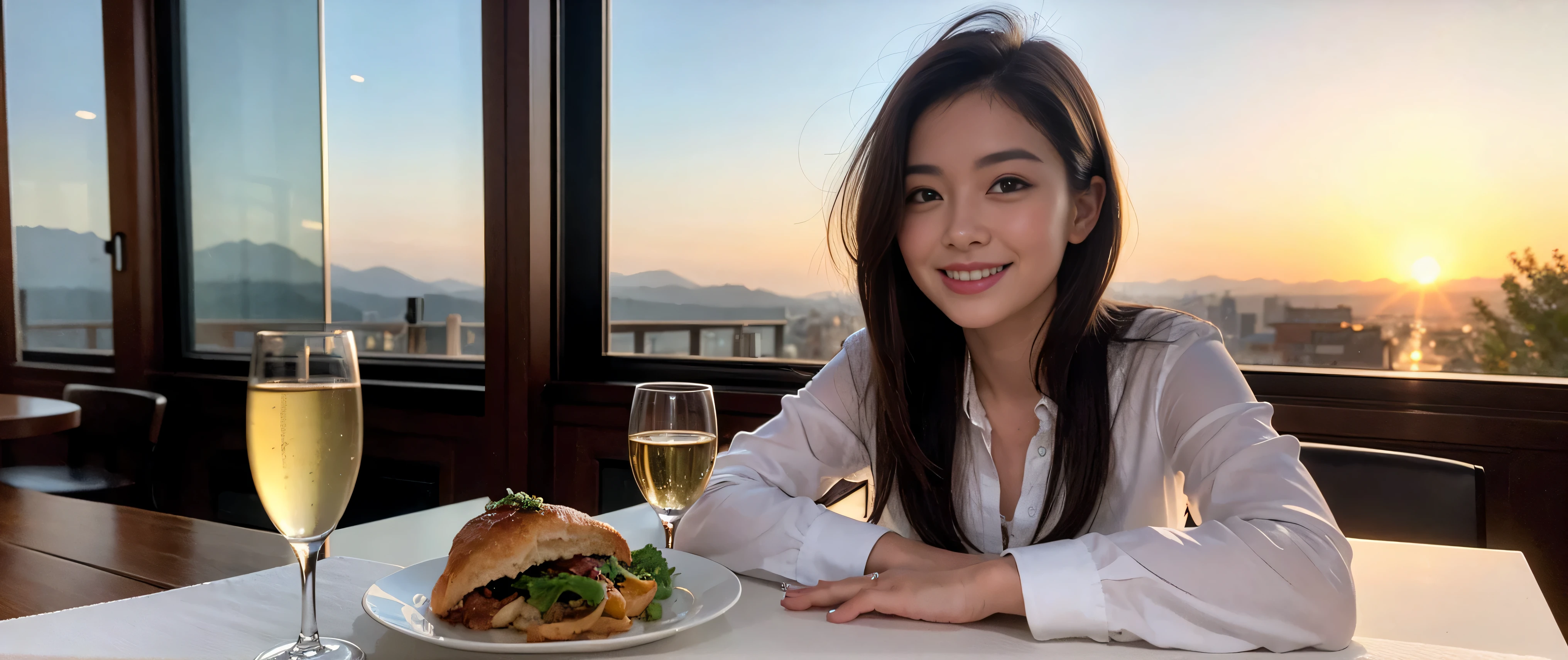 ((highest quality、8k、masterpiece:1.3))、Sharp focus:1.2、Beautiful woman perfect body:1.4、Slim body、((Bob Hale、Straight hair:1.2))、(to be born, highest quality, masterpiece:1.5), (Realistic, Intricate details:1.2), Ultra-high resolution, Spectacular view of the sunset sky and clouds、Amazing mountain views、A bright smile、A lovely woman with a smile、wine glass、red wine 、Bright image、2. Wine Beauties, Beautiful Face, blue eyes, The light shines on your face, Blushing, short hair,Bright face、Fox face、 (36 years old), 39 years old, Lady、hors d'oeuvre、Italian food、wine bottle、Champagne、sparkling wine、two beauties、brown hair、Shortcuts、Long sleeve shirt、dress、Pretty Woman 1, (slim face), (The body is slim), (brown hair), (Shortcuts), cheeks turn a little red,charming beauty、, Out of the window, A beautiful and detailed night view unfolds.........., restaurant, In a prominent place (From the waist up) Nova Frog Style, actress, model, Upper Body, White wine, slim, wine glass, wine glass placed in the middle, smile, (smile: 1.15), Beautiful fine grain, Depth f/2,saturation, High Contrast, Strong light and shadow,Moist Body:1.5、3D texture、Delicate eyes、brown hair、The hair is very shiny、