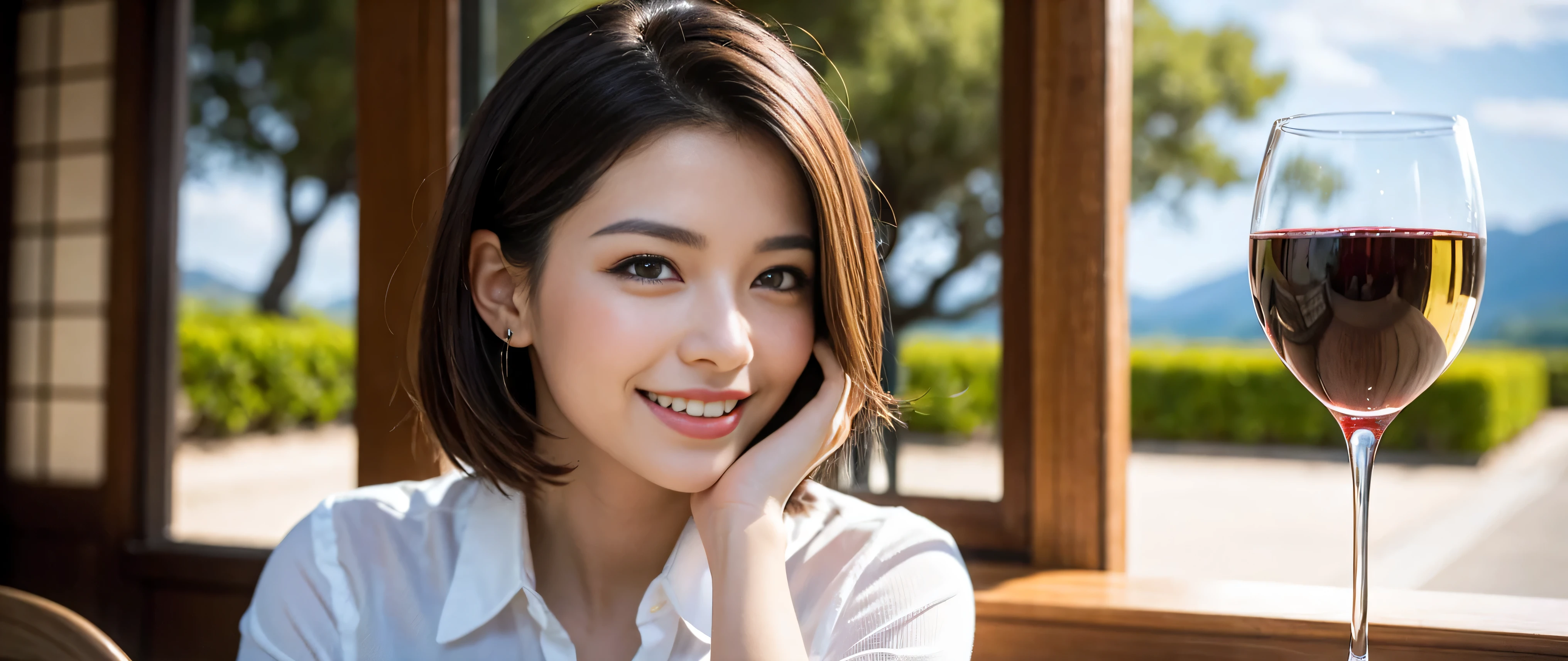 ((highest quality、8k、masterpiece:1.3))、Sharp focus:1.2、Beautiful woman perfect body:1.4、Slim body、((Bob Hale、Straight hair:1.2))、(to be born, highest quality, masterpiece:1.5), (Realistic, Intricate details:1.2), Ultra-high resolution, Spectacular view of the sunset sky and clouds、Amazing mountain views、A bright smile、A lovely woman with a smile、wine glass、red wine 、Bright image、2. Wine Beauties, Beautiful Face, blue eyes, The light shines on your face, Blushing, short hair,Bright face、Fox face、 (36 years old), 39 years old, Lady、hors d'oeuvre、Italian food、wine bottle、Champagne、sparkling wine、two beauties、brown hair、Shortcuts、Long sleeve shirt、dress、Pretty Woman 1, (slim face), (The body is slim), (brown hair), (Shortcuts), cheeks turn a little red,charming beauty、, Out of the window, A beautiful and detailed night view unfolds.........., restaurant, In a prominent place (From the waist up) Nova Frog Style, actress, model, Upper Body, White wine, slim, wine glass, wine glass placed in the middle, smile, (smile: 1.15), Beautiful fine grain, Depth f/2,saturation, High Contrast, Strong light and shadow,Moist Body:1.5、3D texture、Delicate eyes、brown hair、The hair is very shiny、