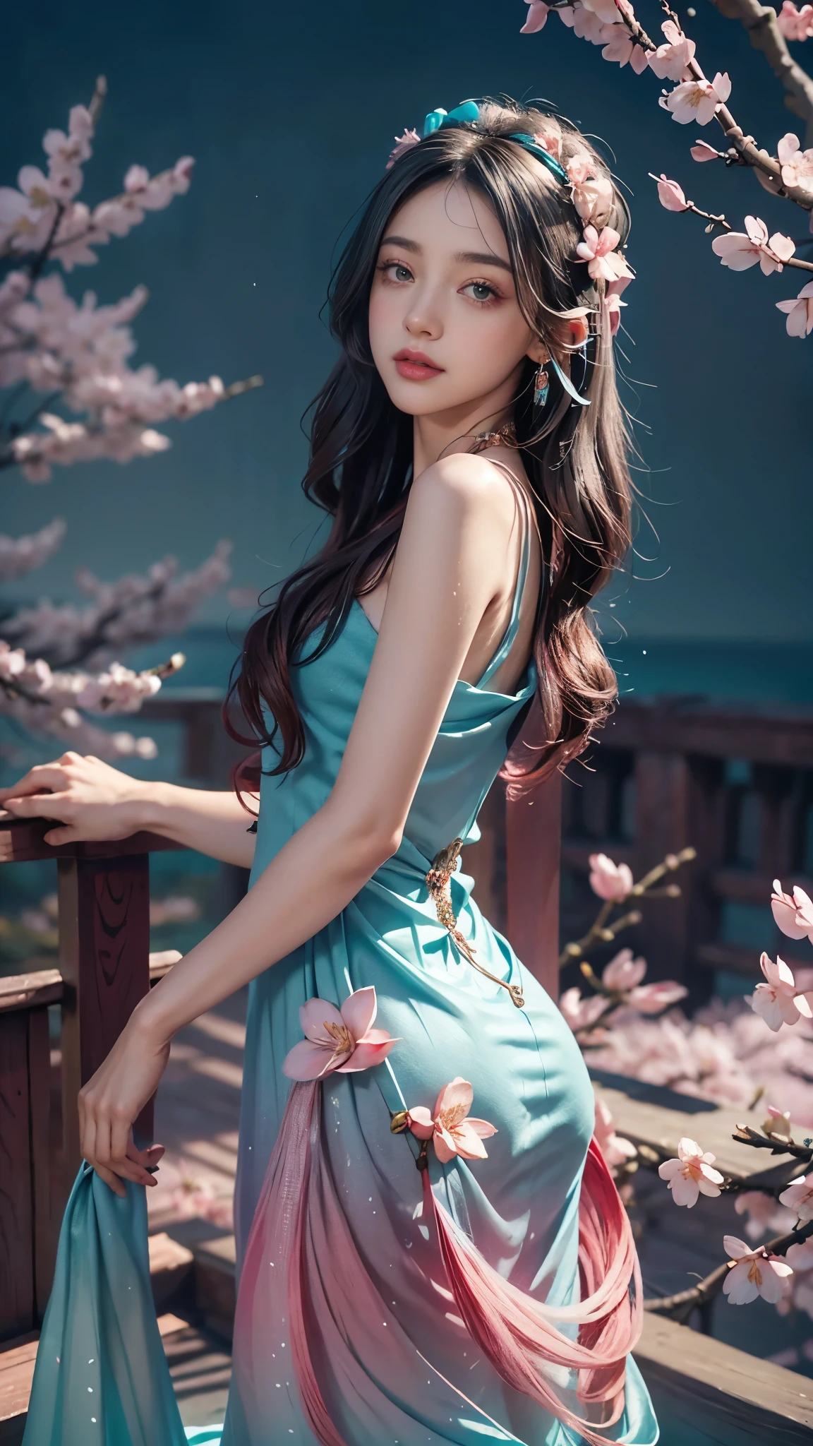 8K, Ultra HD, Masterpiece, 1 girl, (innocent face:1.4), detailed eyes, red lips, very long hair, princess dress, (gradient teal dress:1.5), ((sardine:1.4)), (jwellery:1.5), (cherry blossom:1.5), (bloom effect:1.5), Detailed Fantasy Art, Stunning Character Art, beautiful Exquisite Character Art, Beautiful, Extremely Detailed, Exquisite Intricate Headdress and Jewellery, perfect body, looking directly at the audience, upper thigh body,