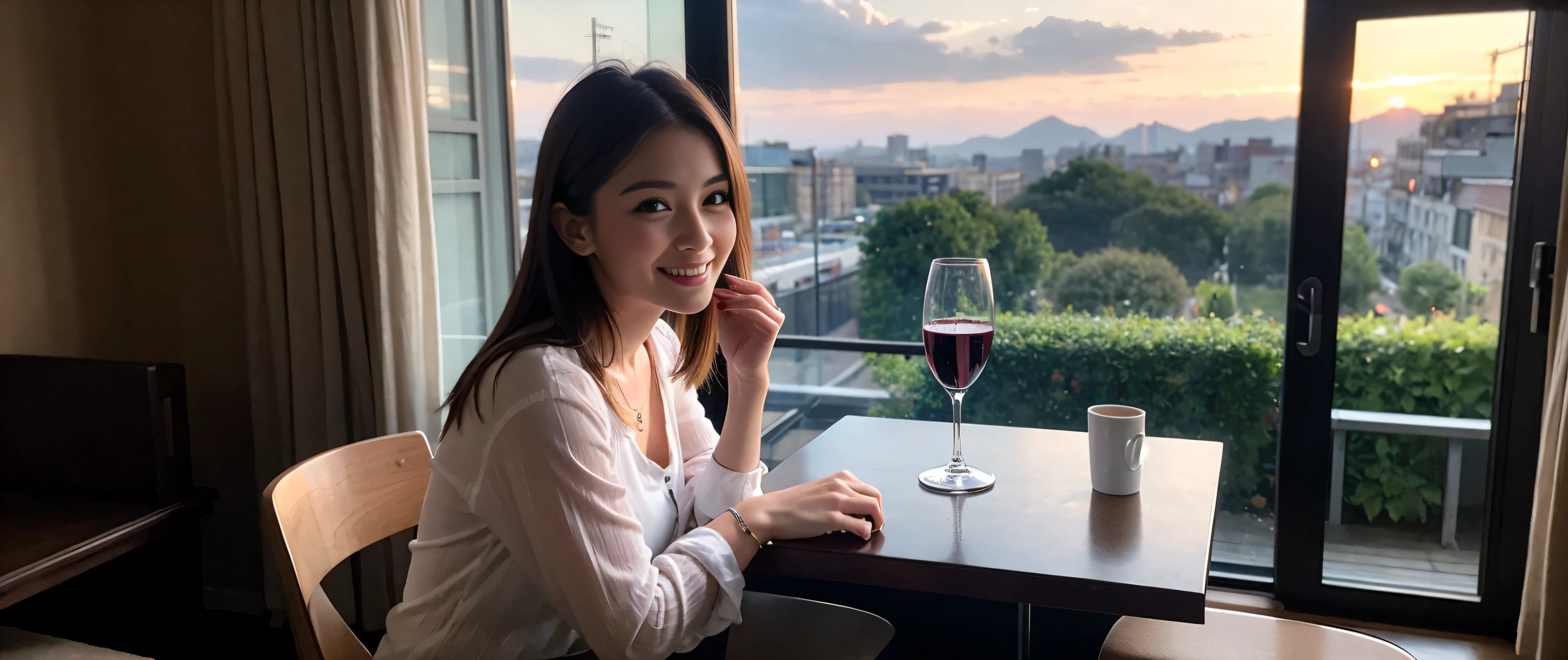 ((highest quality、8k、masterpiece:1.3))、Sharp focus:1.2、Beautiful woman perfect body:1.4、Slim body、((Bob Hale、Straight hair:1.2))、(to be born, highest quality, masterpiece:1.5), (Realistic, Intricate details:1.2), Ultra-high resolution, Spectacular view of the sunset sky and clouds、Amazing mountain views、A bright smile、A lovely woman with a smile、wine glass、red wine 、Bright image、2. Wine Beauties, Beautiful Face, blue eyes, The light shines on your face, Blushing, short hair,Bright face、Fox face、 (36 years old), 39 years old, Lady、hors d'oeuvre、Italian food、wine bottle、Champagne、sparkling wine、two beauties、brown hair、Shortcuts、Long sleeve shirt、dress、Pretty Woman 1, (slim face), (The body is slim), (brown hair), (Shortcuts), cheeks turn a little red,charming beauty、, Out of the window, A beautiful and detailed night view unfolds.........., restaurant, In a prominent place (From the waist up) Nova Frog Style, actress, model, Upper Body, White wine, slim, wine glass, wine glass placed in the middle, smile, (smile: 1.15), Beautiful fine grain, Depth f/2,saturation, High Contrast, Strong light and shadow,Moist Body:1.5、3D texture、Delicate eyes、brown hair、The hair is very shiny、
