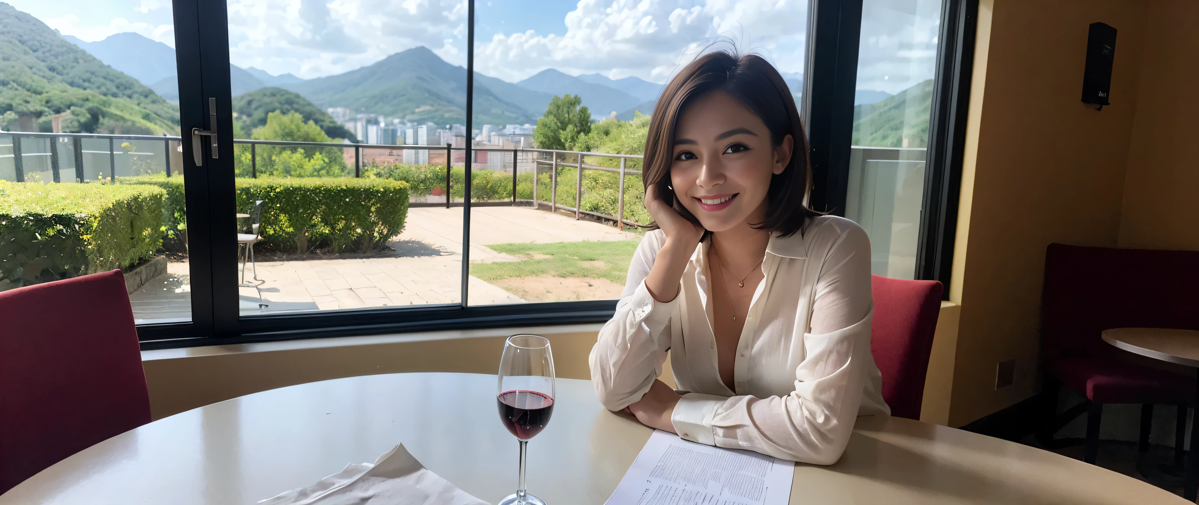 ((highest quality、8k、masterpiece:1.3))、Sharp focus:1.2、Beautiful woman perfect body:1.4、Slim body、((Bob Hale、Straight hair:1.2))、(to be born, highest quality, masterpiece:1.5), (Realistic, Intricate details:1.2), Ultra-high resolution, Spectacular view of the sunset sky and clouds、Amazing mountain views、A bright smile、A lovely woman with a smile、wine glass、red wine 、Bright image、2. Wine Beauties, Beautiful Face, blue eyes, The light shines on your face, Blushing, short hair,Bright face、Fox face、 (36 years old), 39 years old, Lady、hors d'oeuvre、Italian food、wine bottle、Champagne、sparkling wine、two beauties、brown hair、Shortcuts、Long sleeve shirt、dress、Pretty Woman 1, (slim face), (The body is slim), (brown hair), (Shortcuts), cheeks turn a little red,charming beauty、, Out of the window, A beautiful and detailed night view unfolds.........., restaurant, In a prominent place (From the waist up) Nova Frog Style, actress, model, Upper Body, White wine, slim, wine glass, wine glass placed in the middle, smile, (smile: 1.15), Beautiful fine grain, Depth f/2,saturation, High Contrast, Strong light and shadow,Moist Body:1.5、3D texture、Delicate eyes、brown hair、The hair is very shiny、