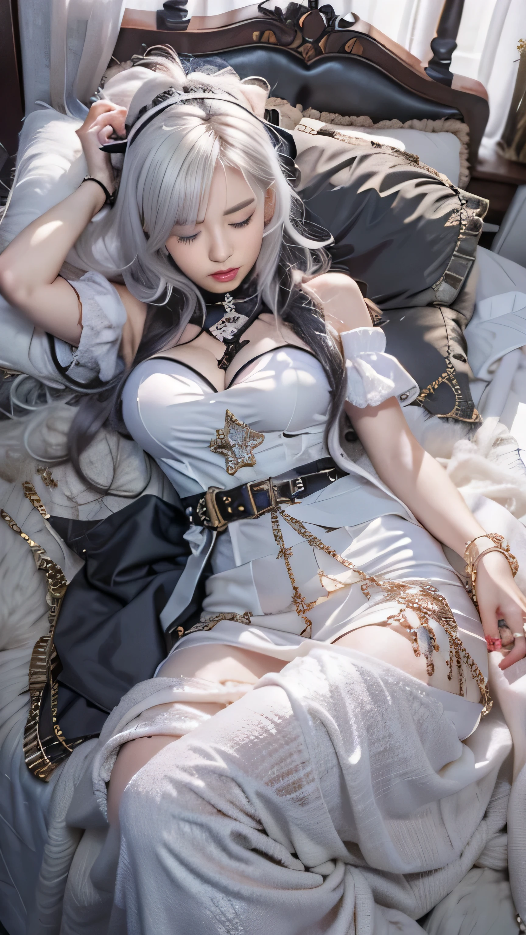 (Woman lying in bed)Realistic, High resolution, 1 female, alone, Move up by one'Waist high, Show Viewer, (Detailed face), (Gray Hair), Long Hair, ((Black maid outfit)), jewelry、(Off the shoulder)、(Black lace panties are visible))((close your eyes))、(Sexy pose)