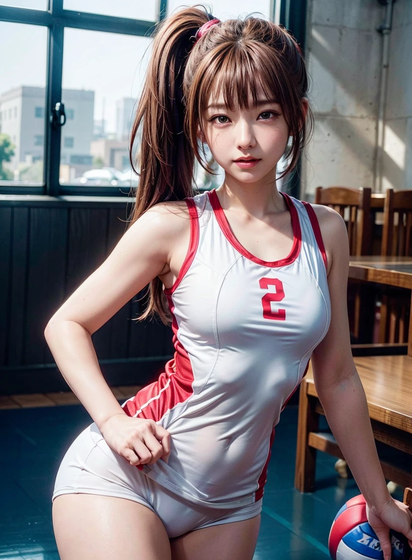 (highest quality:1.3), High resolution, Very detailed, Very detailedな CG Unity 8k 壁紙, Realistic, photo-Realistic, RAW Photos, Beautiful and dense face, White skin, Realistic glistening skin, High-quality fabric, Detailed hair texture, Perfect body, Beautiful Features, Accurate, Anatomically correct, Very detailedな顔と肌の質感, One Girl, cute, Redhead, ((Side Ponytail, Brown eyes: 1. 2)), ((Slanted Eyes:1.3))、Thick bangs, (Glamour Woman: 1. 2), ((Volleyball Uniforms、Sleeveless shirt))、((Arena、Volleyball court))、Volleyball Player