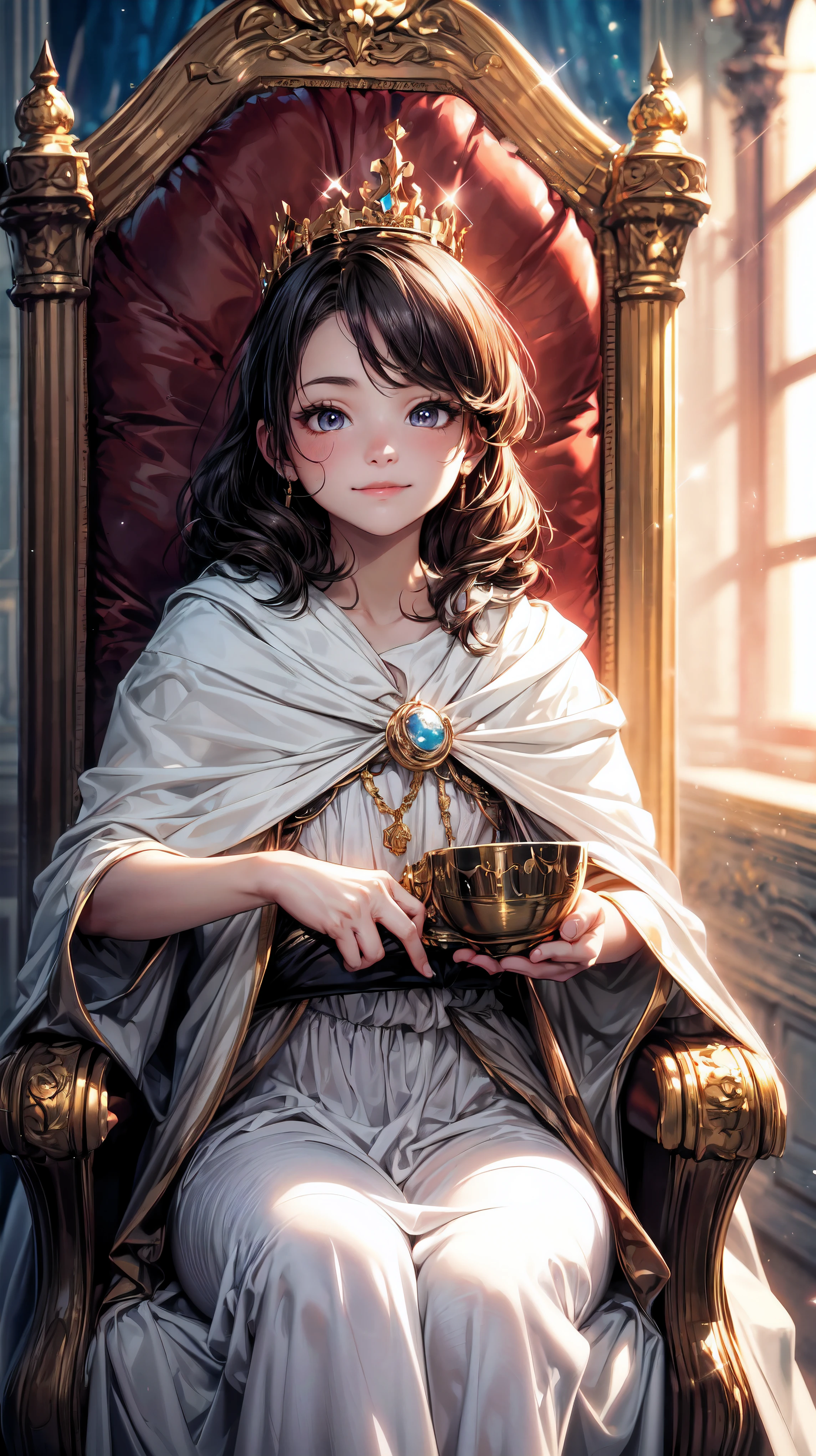 (best quality,4k,8k,highres,masterpiece:1.2),ultra-detailed,(realistic,photorealistic,photo-realistic:1.37), (solo), A cute very (boy:1.1) wearing a white cloak and a (very long silk long dress:1.1), prince, (best wrinkle, best shadow), (White long stockings), soft curly hair, sparkling eyes, (curious sparkling eyes, innocent smile, cheeks rosy with happiness), dainty silver crown on his head, (Sitting on an exquisite and solemn throne), In the magnificent palace, bathed in warm golden sunlight, creating a dreamy and magical atmosphere.