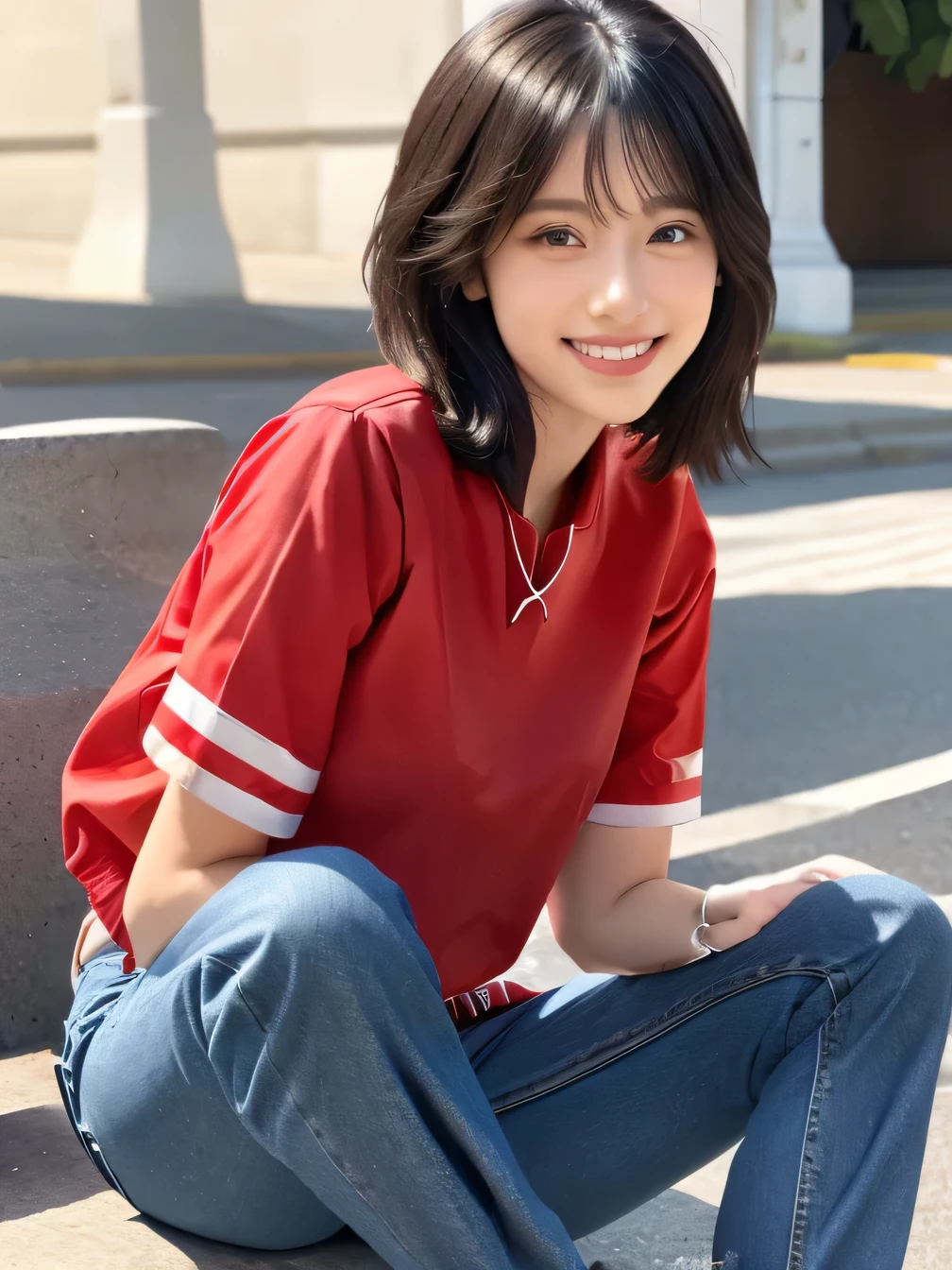 3), (8k, Realistic, RAW Photos, highest quality:1.4), (Realistic face), (Black Hair、Short Haircut、Beautiful Hairstyles、Ear piercing、, smile、Beautiful teeth alignment、Beautiful small blue eyes, (realistic skin texture), (Beautiful Skin),charm, Ultra-high resolution, Ultra-realistic skin, (Natural light)、Golden Ratio, ((smile)), ((full body shot)), (((Red trainer)))、((Skinny jeans、sneakers)