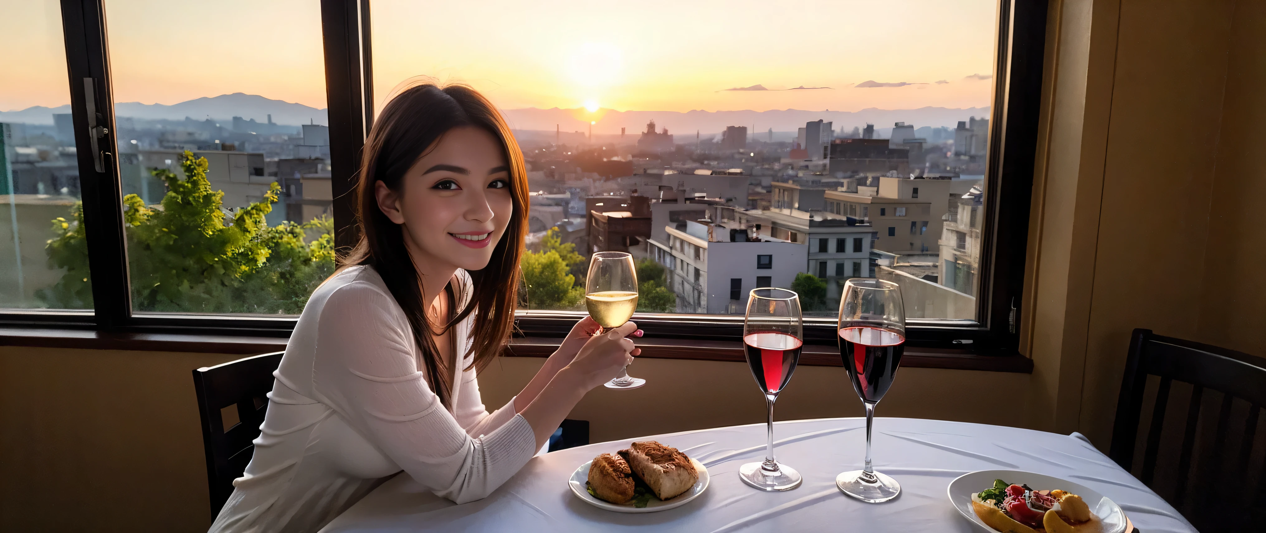 ((highest quality、8k、masterpiece:1.3))、Sharp focus:1.2、Beautiful woman perfect body:1.4、Slim body、((Bob Hale、Straight hair:1.2))、(to be born, highest quality, masterpiece:1.5), (Realistic, Intricate details:1.2), Ultra-high resolution, Spectacular view of the sunset sky and clouds、Amazing mountain views、A bright smile、A lovely woman with a smile、wine glass、red wine 、Bright image、2. Wine Beauties, Beautiful Face, blue eyes, The light shines on your face, Blushing, short hair,Bright face、Fox face、 (36 years old), 39 years old, Lady、hors d'oeuvre、Italian food、wine bottle、Champagne、sparkling wine、two beauties、brown hair、Shortcuts、Long sleeve shirt、dress、Pretty Woman 1, (slim face), (The body is slim), (brown hair), (Shortcuts), cheeks turn a little red,charming beauty、, Out of the window, A beautiful and detailed night view unfolds.........., restaurant, In a prominent place (From the waist up) Nova Frog Style, actress, model, Upper Body, White wine, slim, wine glass, wine glass placed in the middle, smile, (smile: 1.15), Beautiful fine grain, Depth f/2,saturation, High Contrast, Strong light and shadow,Moist Body:1.5、3D texture、Delicate eyes、brown hair、The hair is very shiny、