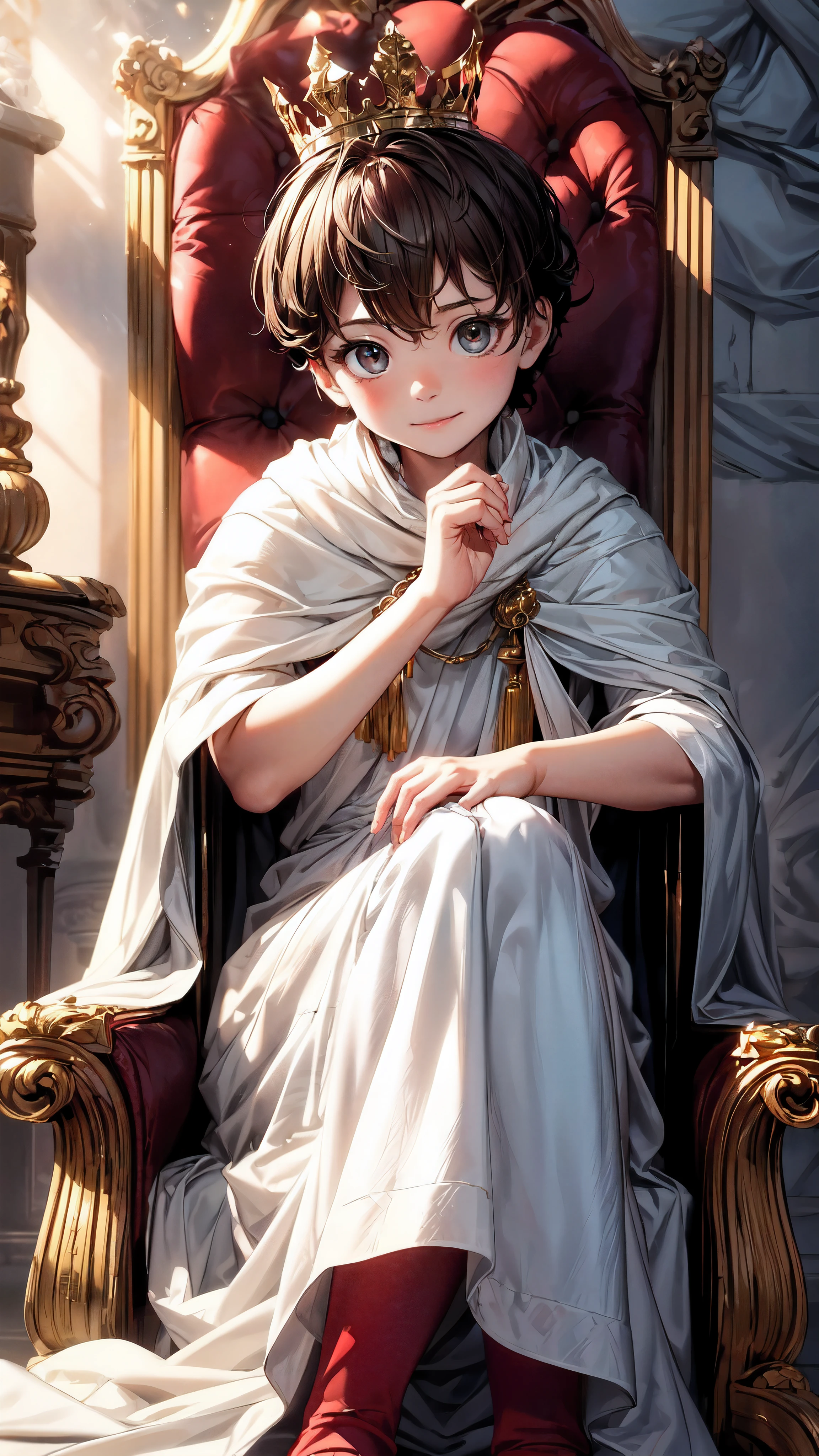 (best quality,4k,8k,highres,masterpiece:1.2),ultra-detailed,(realistic,photorealistic,photo-realistic:1.37), (solo), A cute very little (boy:1.1) wearing a white cloak and a (very long silk long dress:1.1), prince, (best wrinkle, best shadow), (White long stockings), soft curly hair, sparkling eyes, (curious sparkling eyes, innocent smile, cheeks rosy with happiness), dainty silver crown on his head, (Sitting on an exquisite and solemn throne), In the magnificent palace, bathed in warm golden sunlight, creating a dreamy and magical atmosphere.