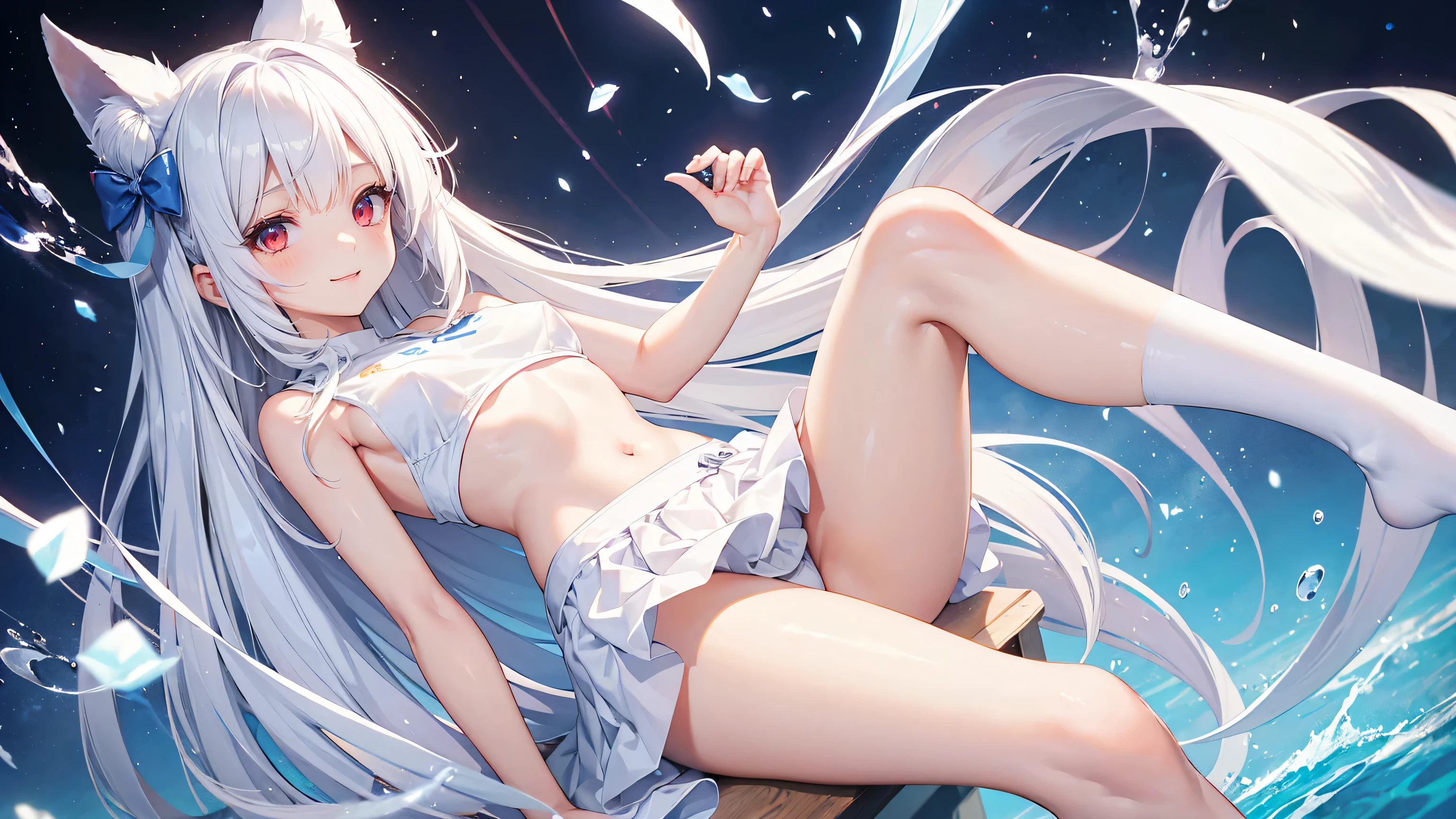 Very cute girl、()、white hair、Long Straight Hair、Bangs are too close to the eye、Light red eyes、(Normal human ear)、Thin arms、Beautiful body、Slim legs、Shapely breasts、Transparent white skin、smile、(T-Shirtini skirt、White and blue)、I know the shape of the nipples、Ultra HD、Digital SLR，Sit on、