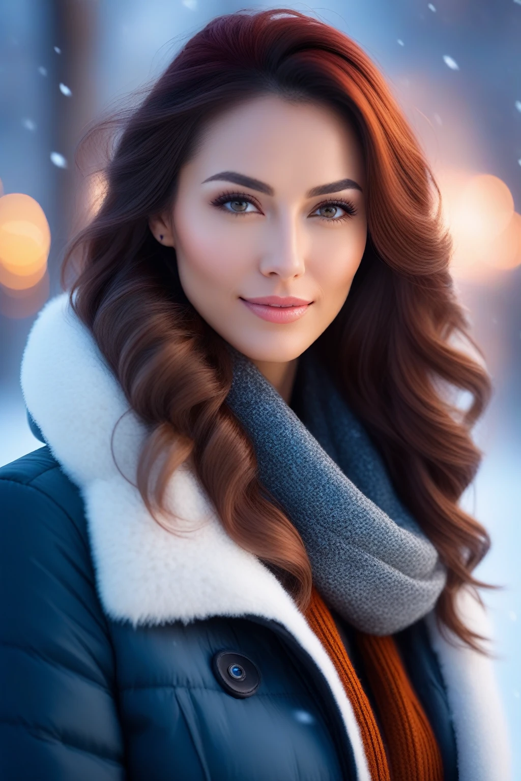 a photo of a woman, outdoor professional portrait, head-shot, slight smile, cute, winter wether,masterpiece, best quality, (colorful), cinematic lighting, extremely detailed CG unity 8k wallpaper,