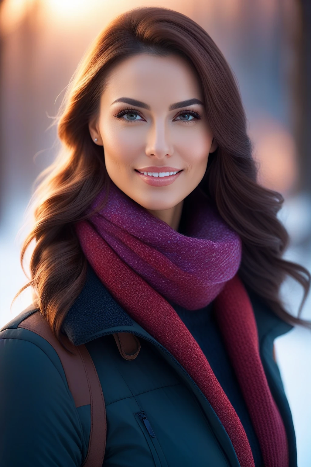 a photo of a woman, outdoor professional portrait, head-shot, slight smile, cute, winter wether,masterpiece, best quality, (colorful), cinematic lighting, extremely detailed CG unity 8k wallpaper,   