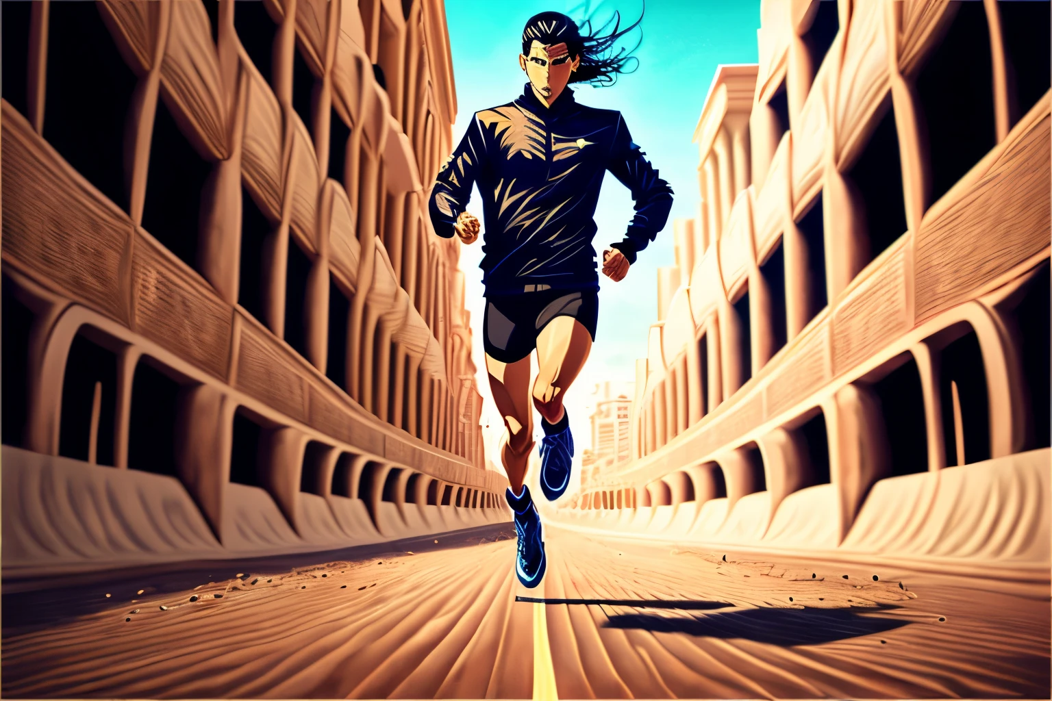 masterpiece, manga, running person, motion blur of only the feet